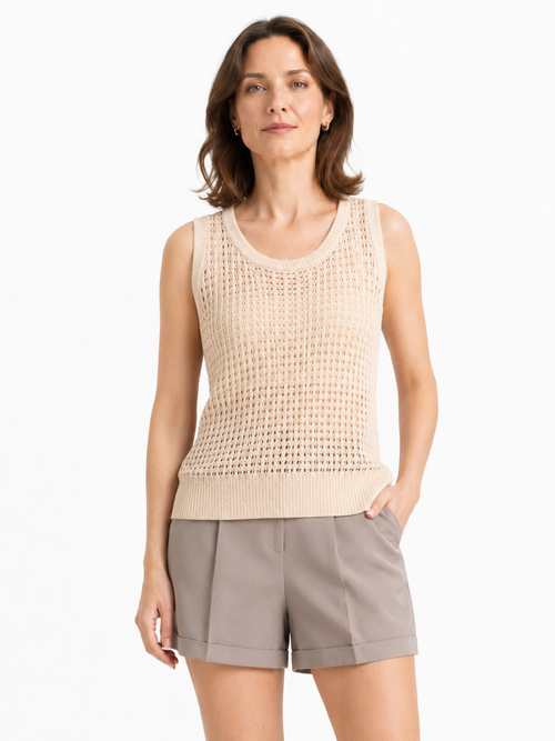 MY020 apricot openwork round-neck sleeveless top side model view