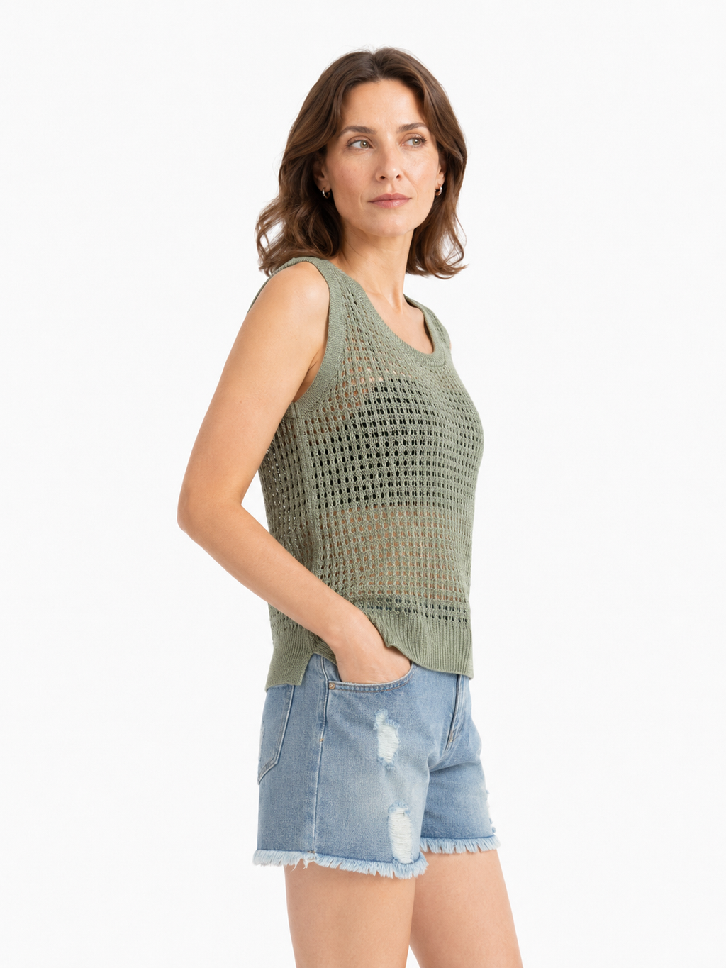 MY020 green openwork round-neck sleeveless top side model view