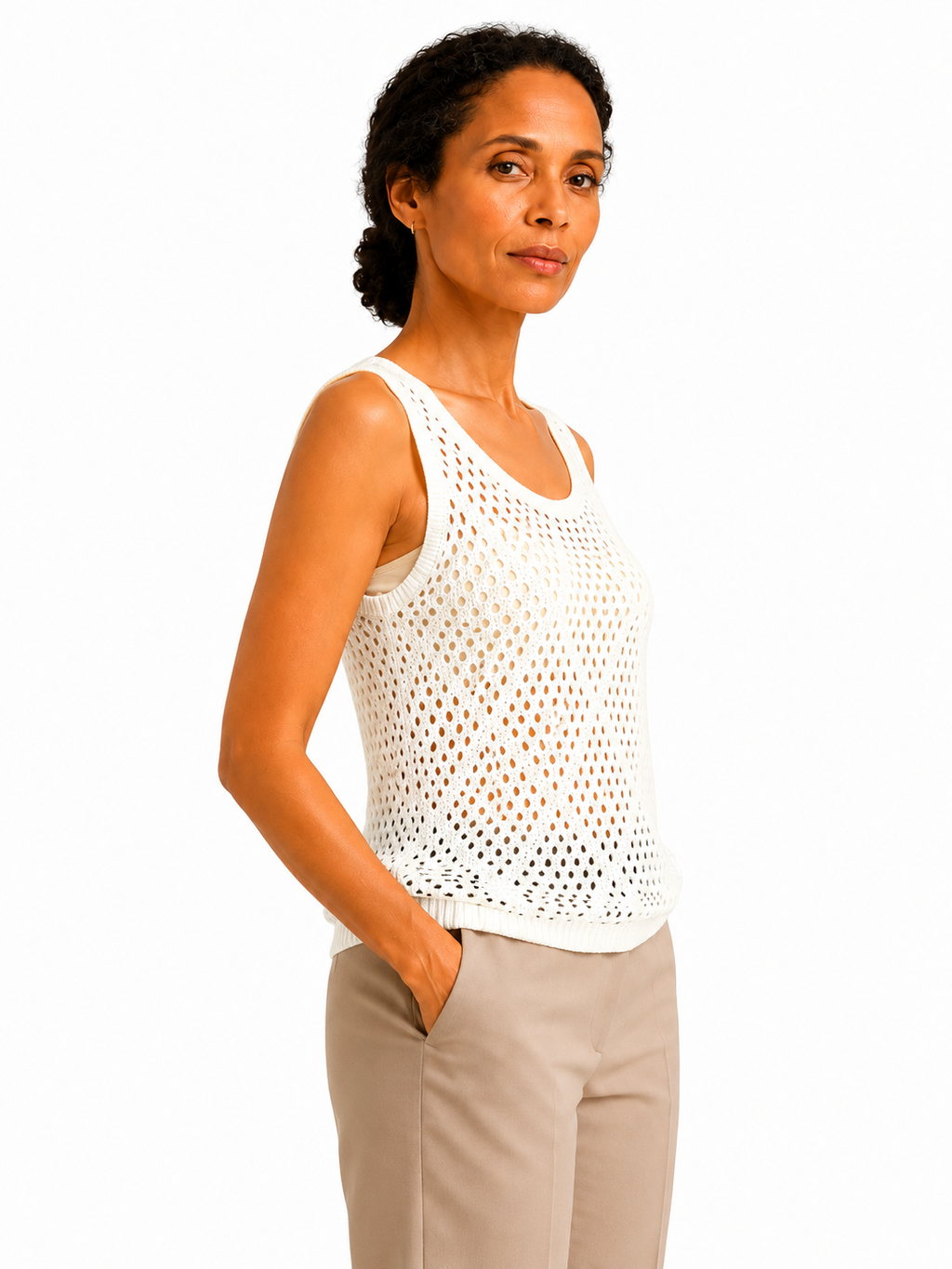 MY019 white open-knit sleeveless sweater tank side model view
