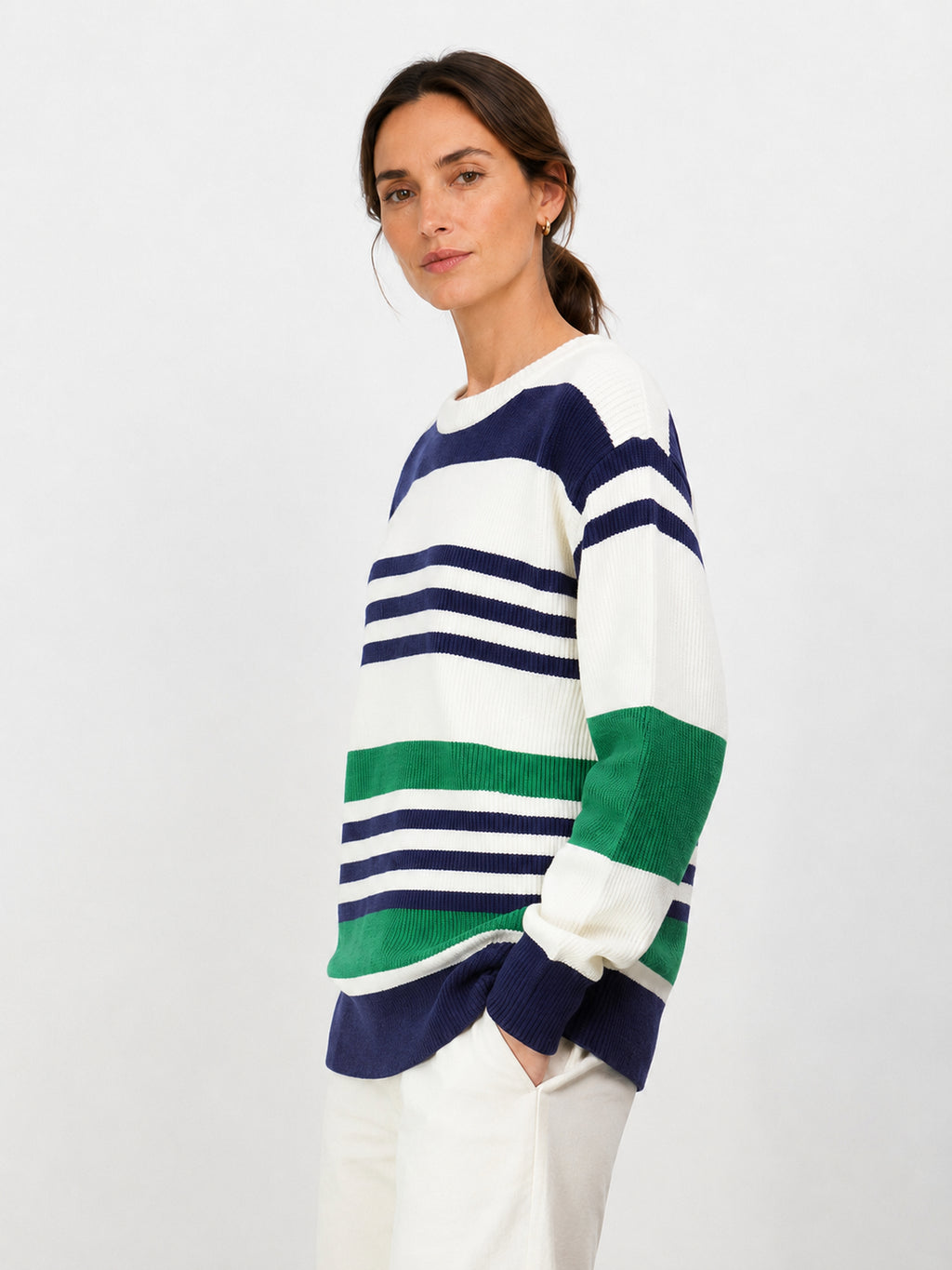MY008 teal wide-neck off-shoulder textured sweater side model view