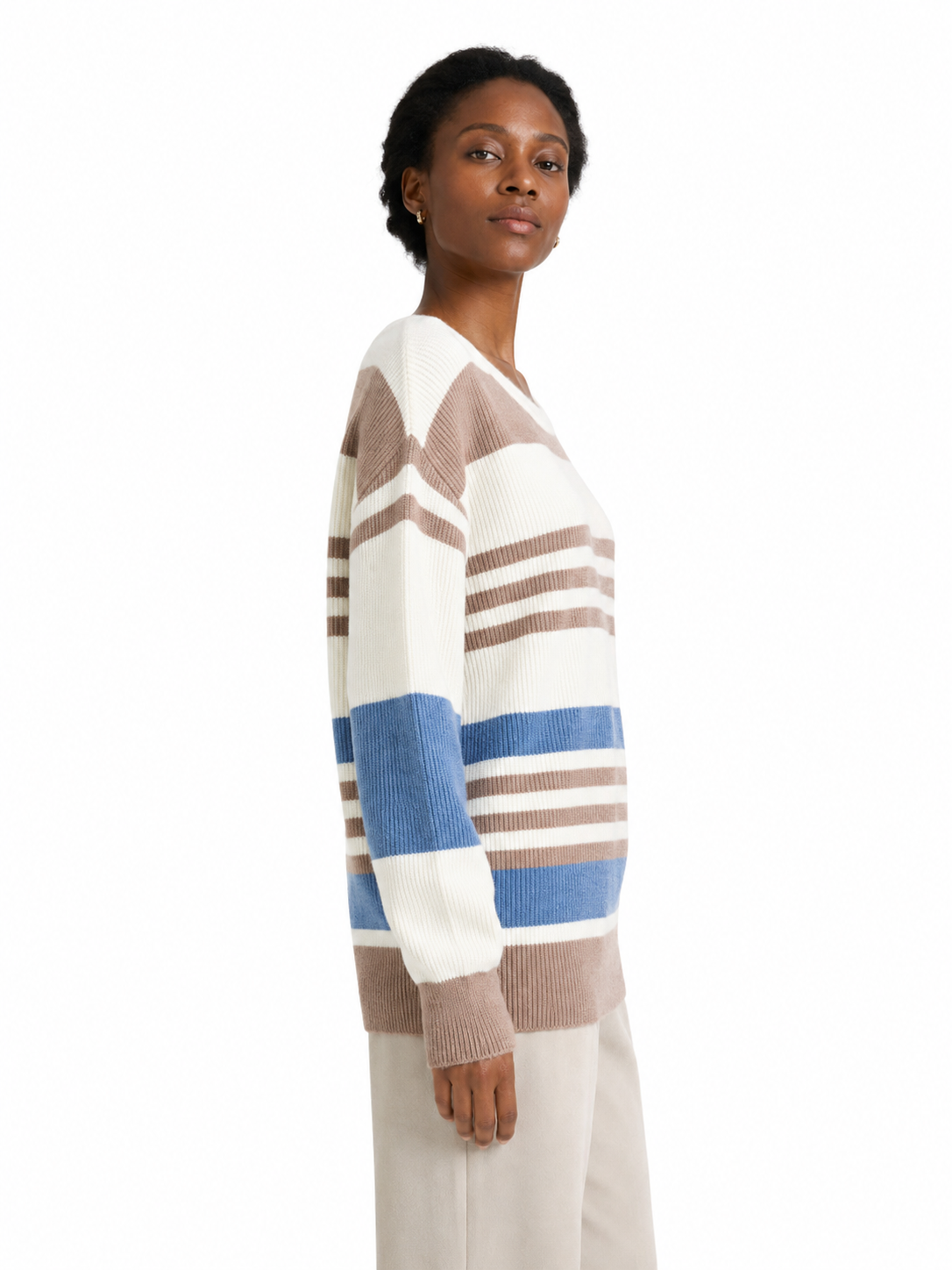 Women's Brown Off Shoulder Knit Sweater, Wide Neck Textured Pullover
