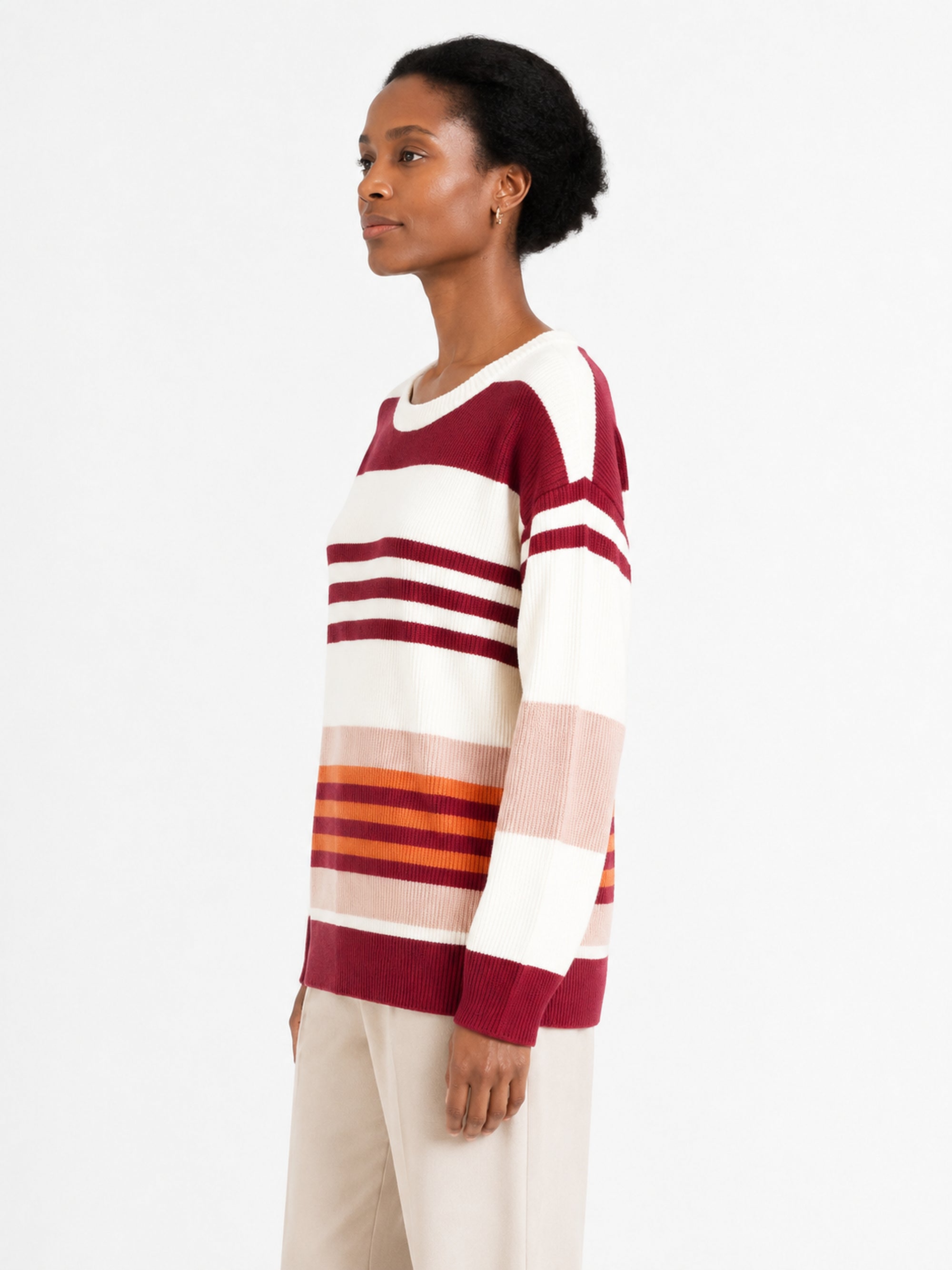 MY008 burgundy wide-neck off-shoulder textured sweater side model view