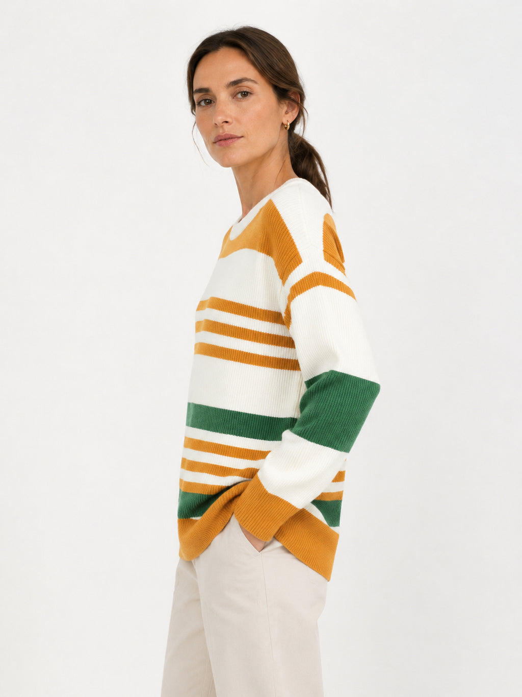 MY008 orange wide-neck off-shoulder textured sweater side model view
