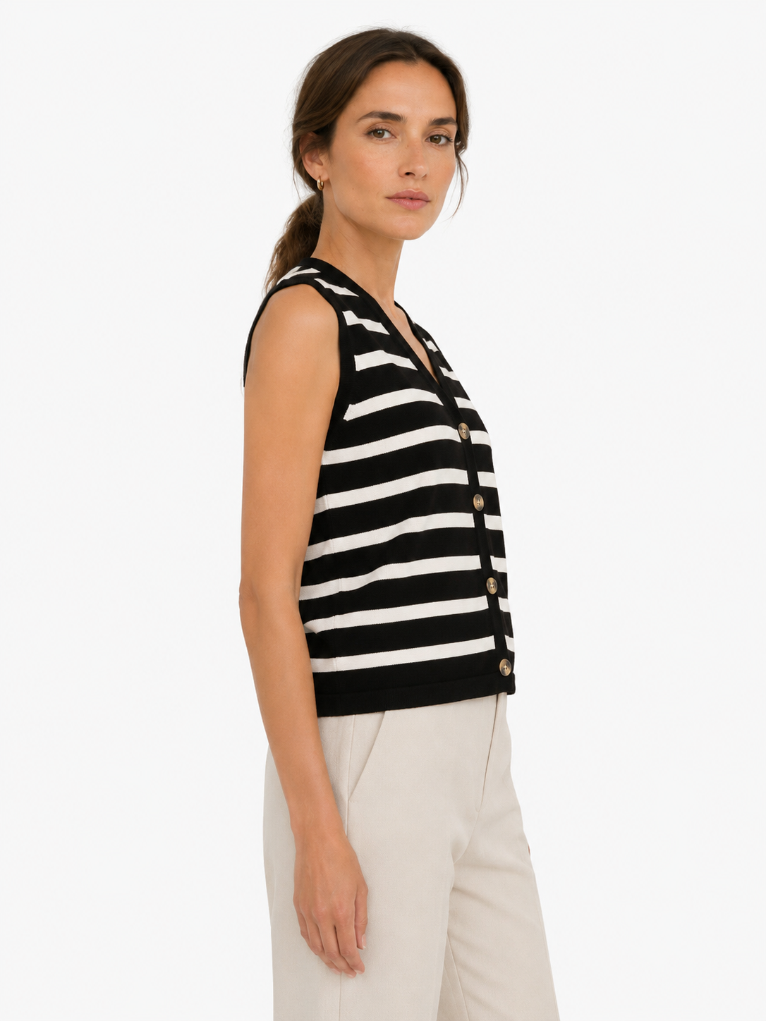 MY018 black striped sleeveless knit cardigan vest side model view