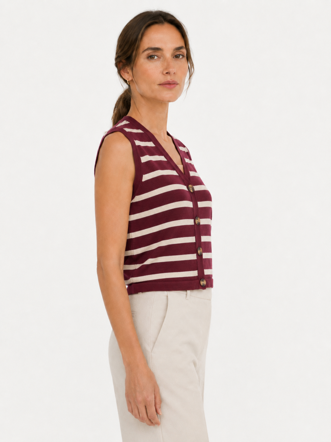 MY018 red striped sleeveless knit cardigan vest side model view