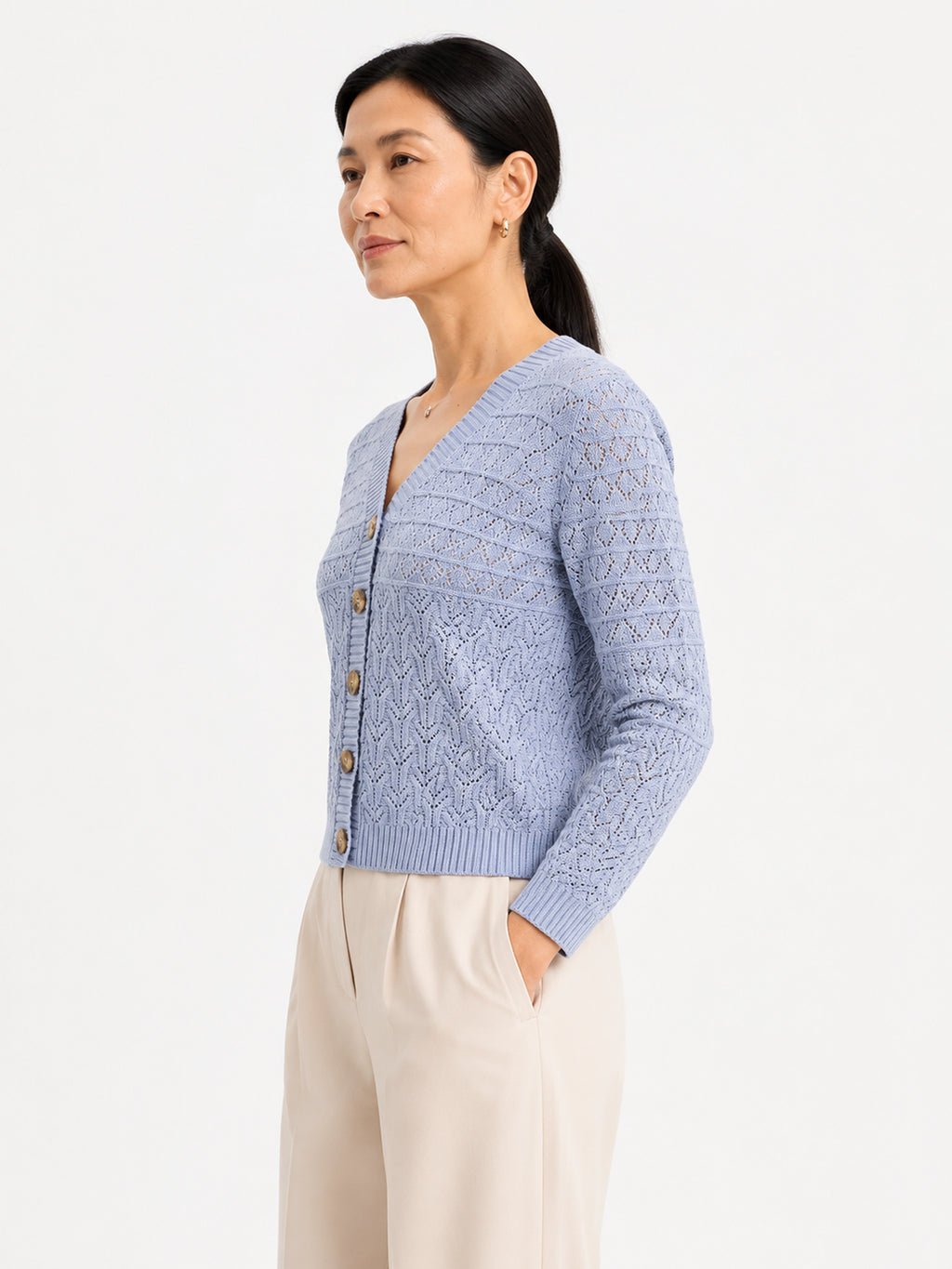 MY015 blue openwork three-quarter sleeve cardigan side model view