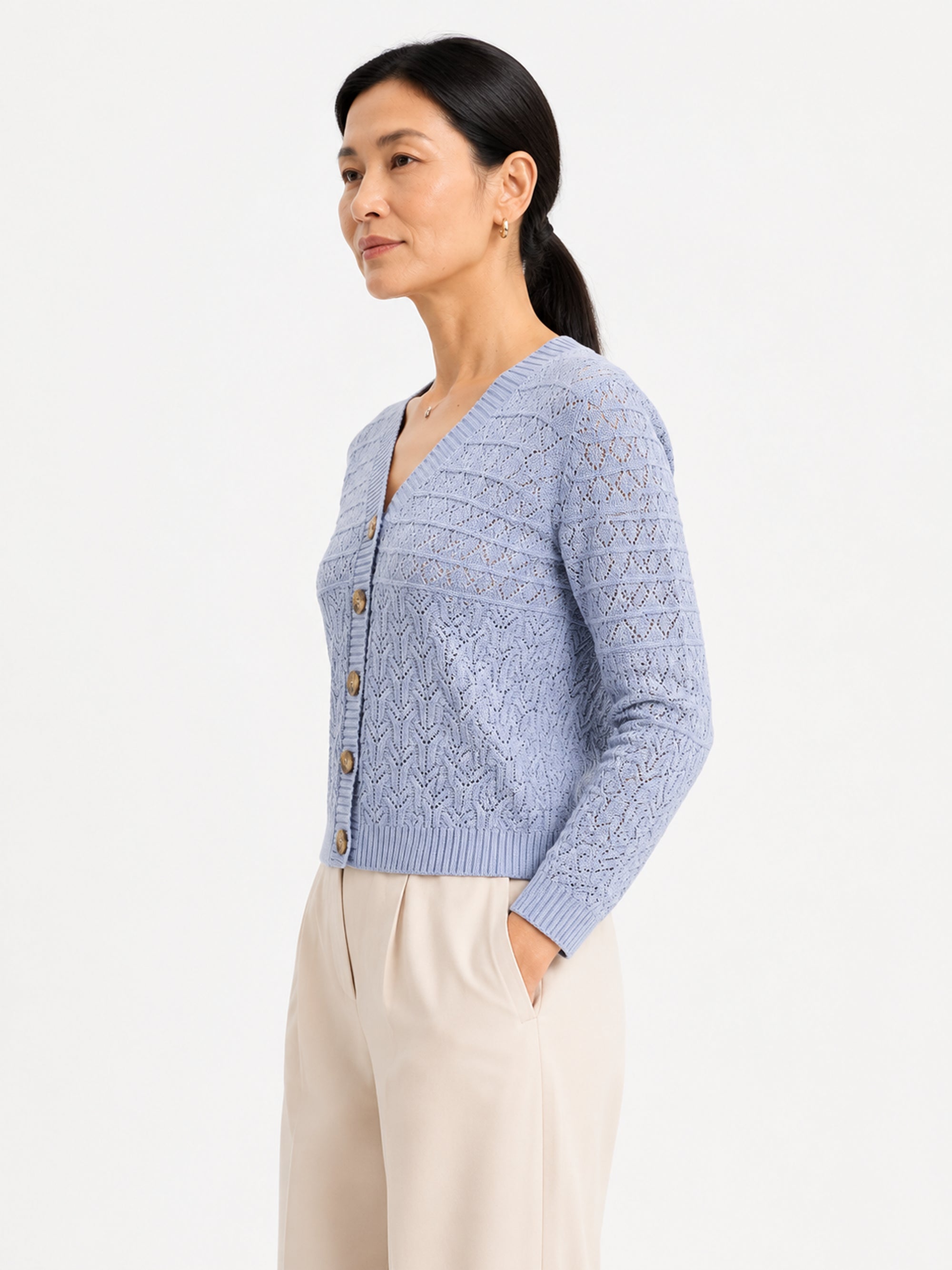 MY015 blue openwork three-quarter sleeve cardigan side model view