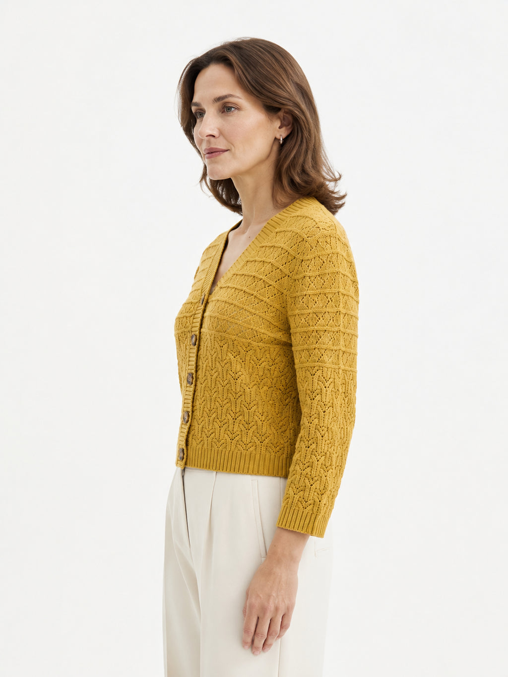 MY015 yellow openwork three-quarter sleeve cardigan side model view