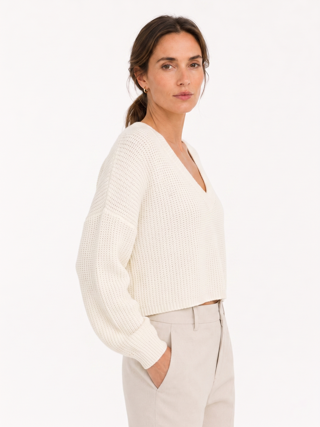 Women's White Cropped V Neck Knit Sweater, Textured Long Sleeve Top