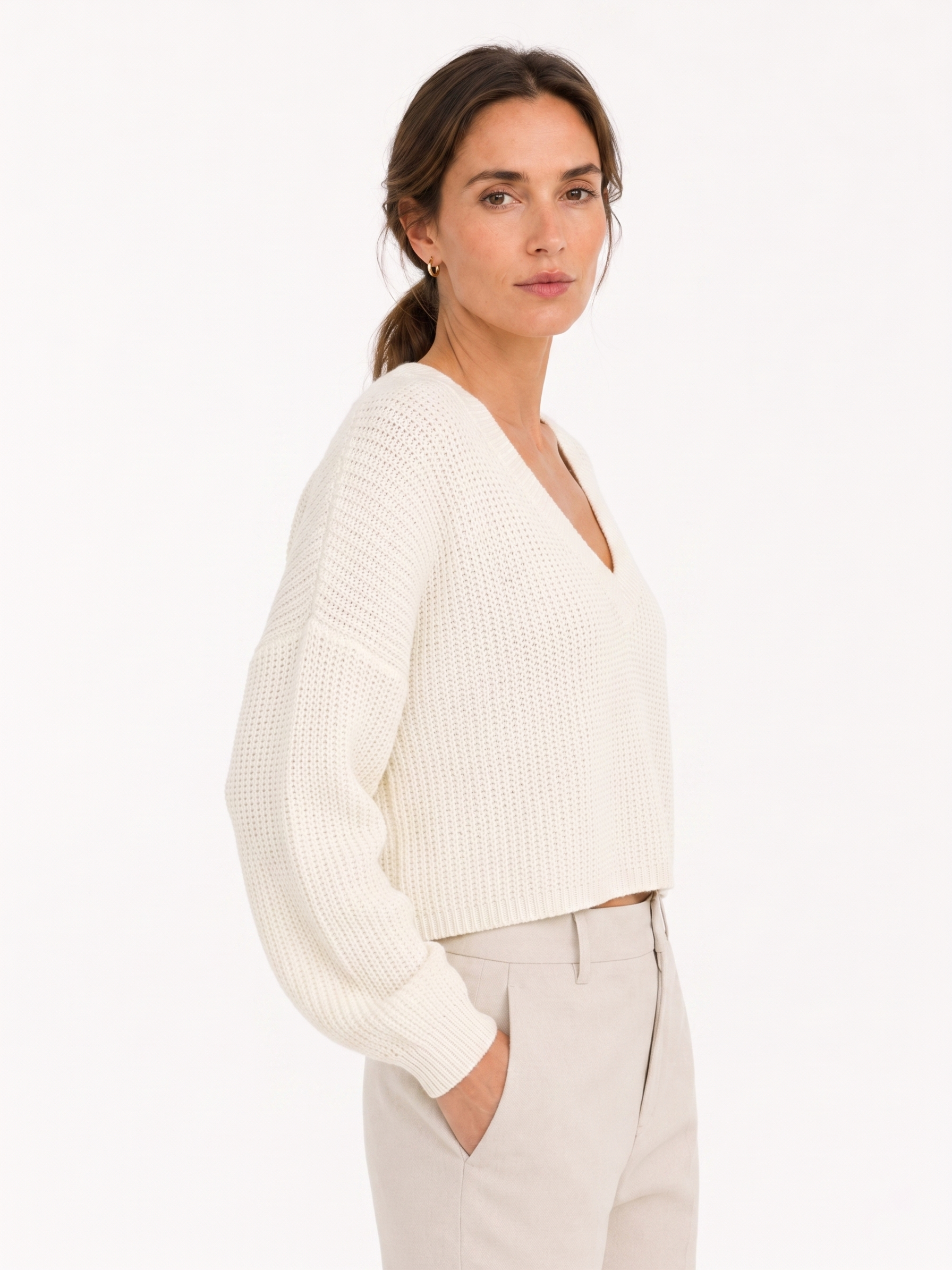 Women's White Cropped V Neck Knit Sweater, Textured Long Sleeve Top