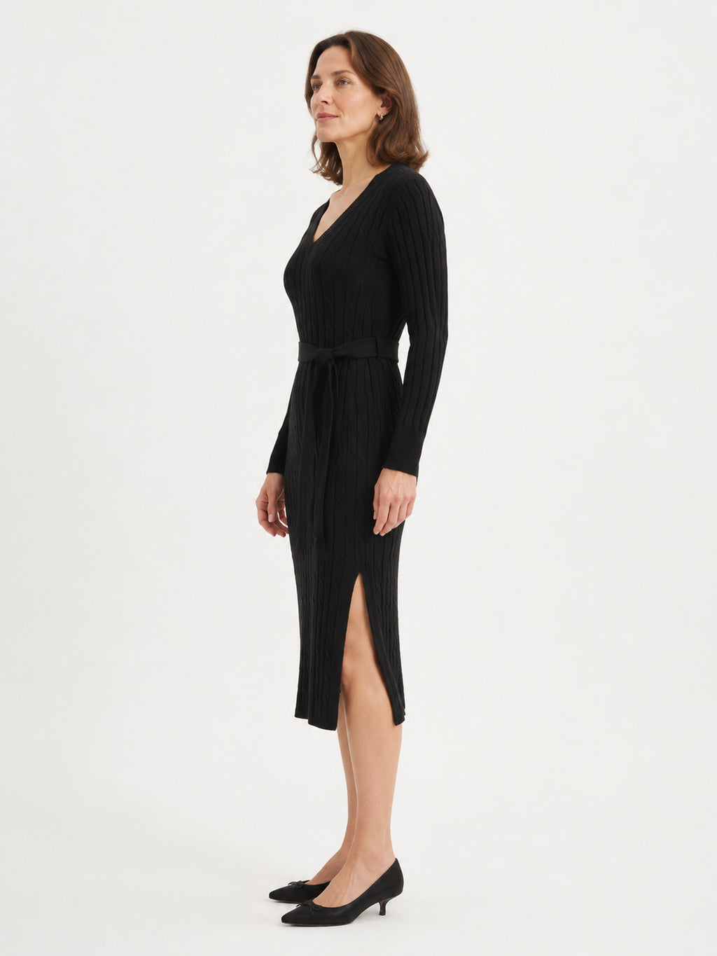 MY011 black v-neck belted knit dress side model view