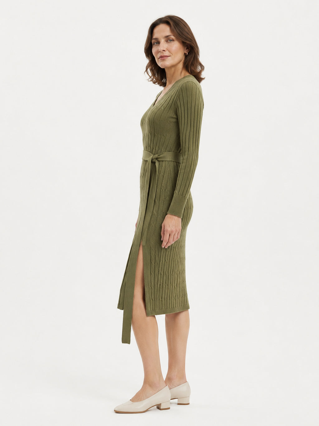 MY011 green v-neck belted knit dress side model view