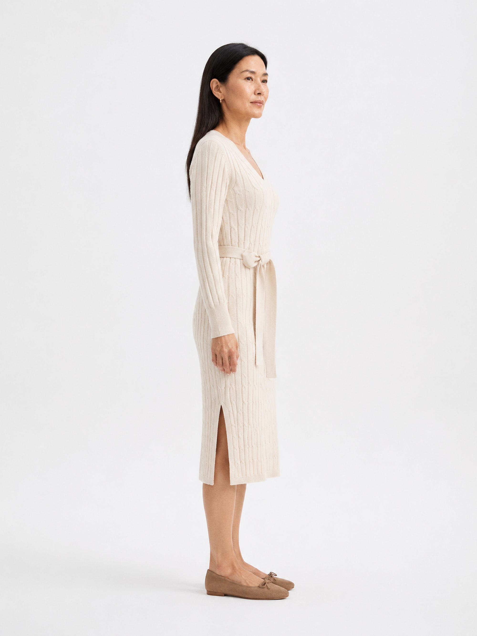 MY011 ivory v-neck belted knit dress side model view