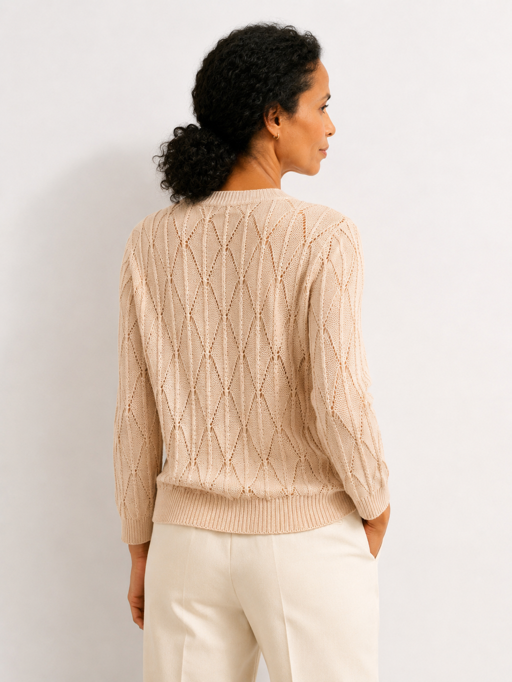 MY021 apricot openwork v-neck three-quarter sleeve cardigan back model view