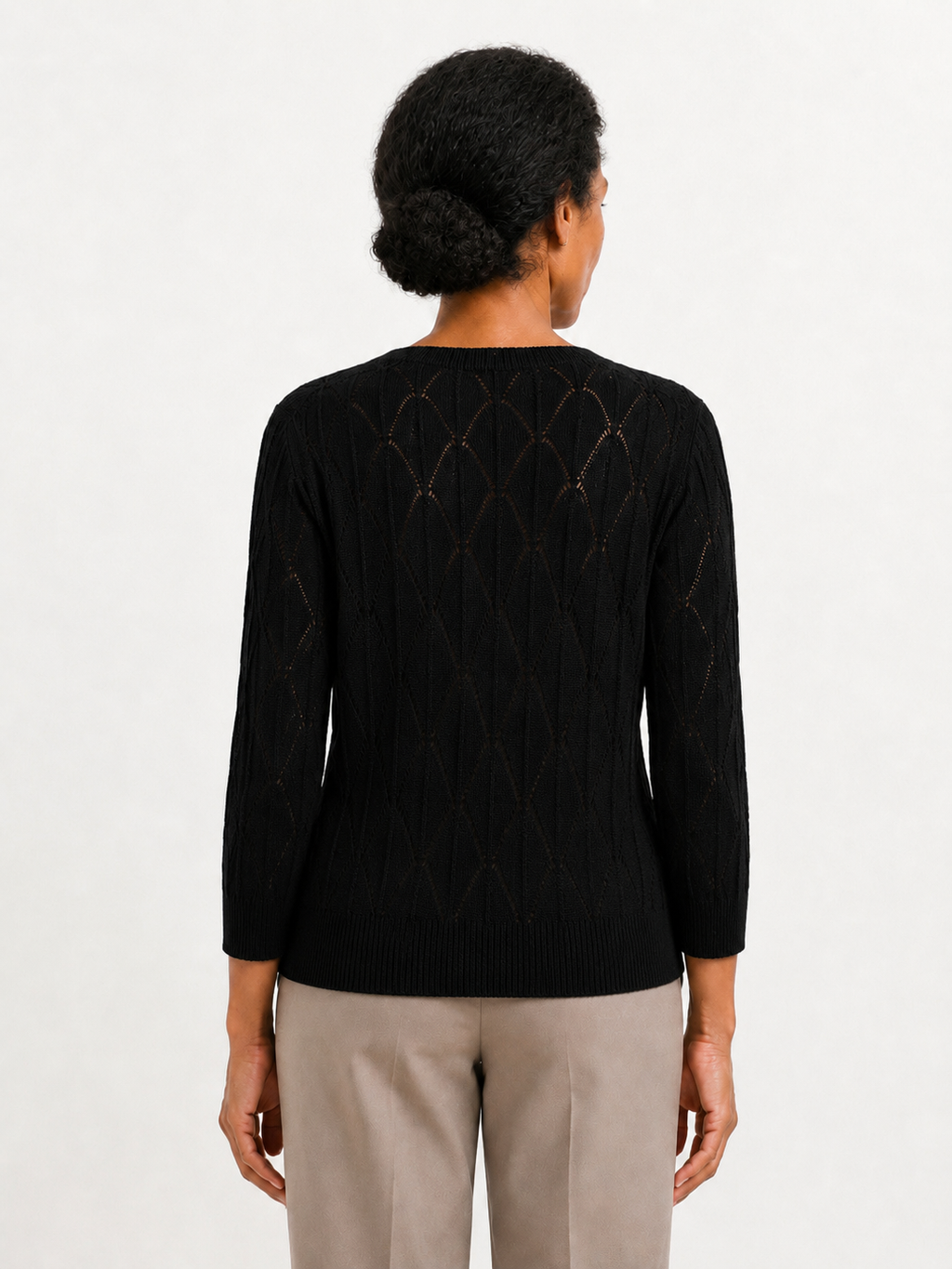 MY021 black openwork v-neck three-quarter sleeve cardigan back model view