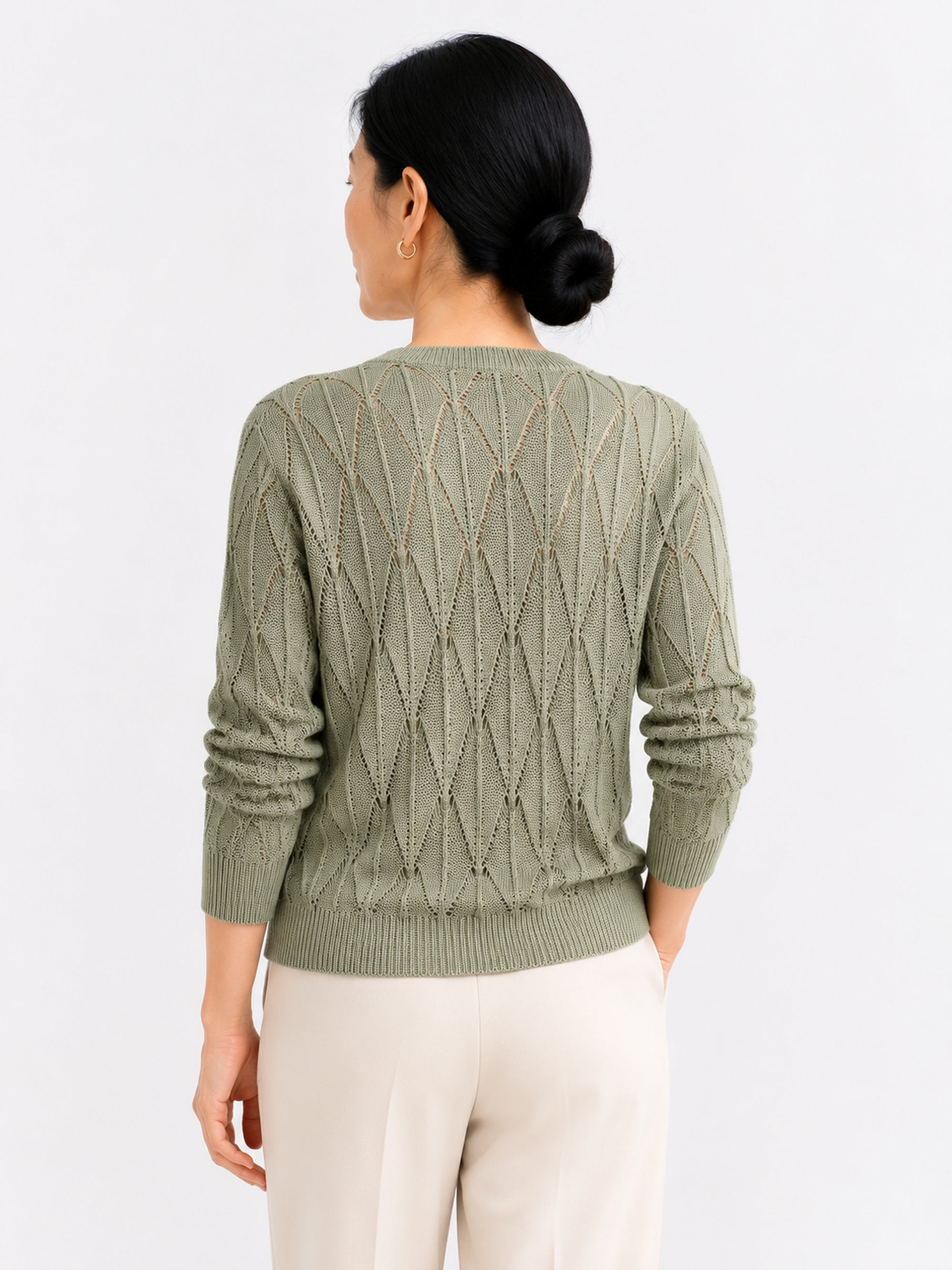 MY021 green openwork v-neck three-quarter sleeve cardigan back model view
