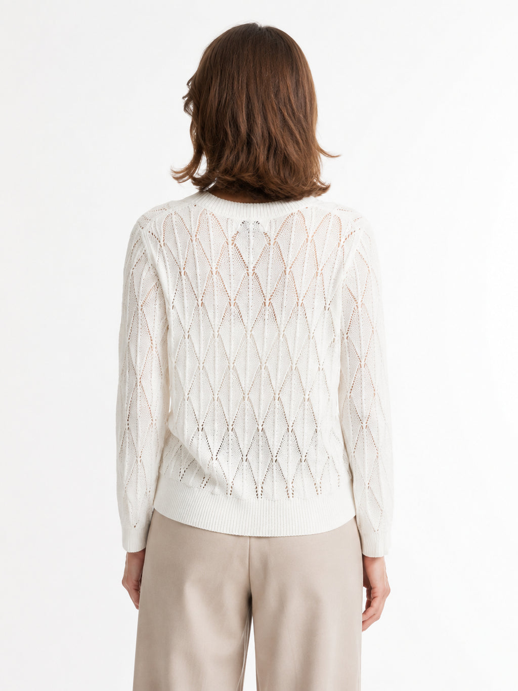 MY021 white openwork v-neck three-quarter sleeve cardigan back model view