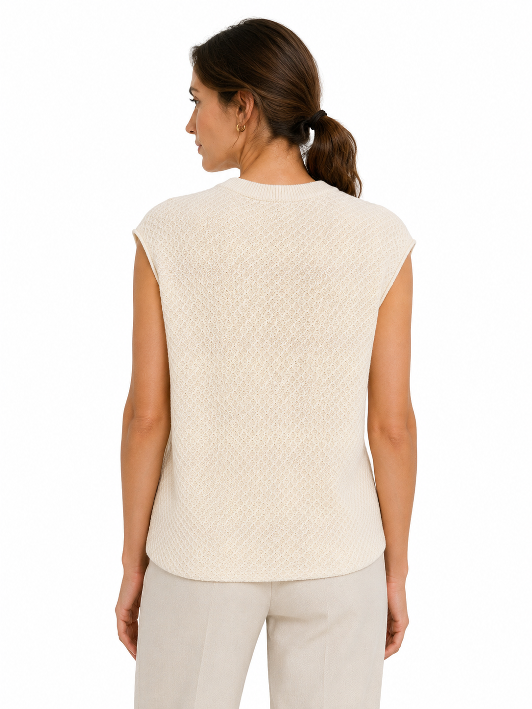 MY017 white textured sleeveless sweater tank back model view