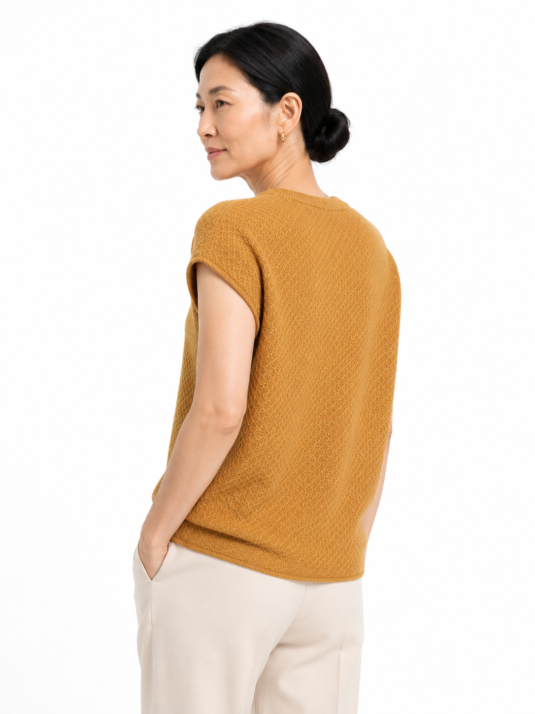 MY017 yellow textured sleeveless sweater tank back model view