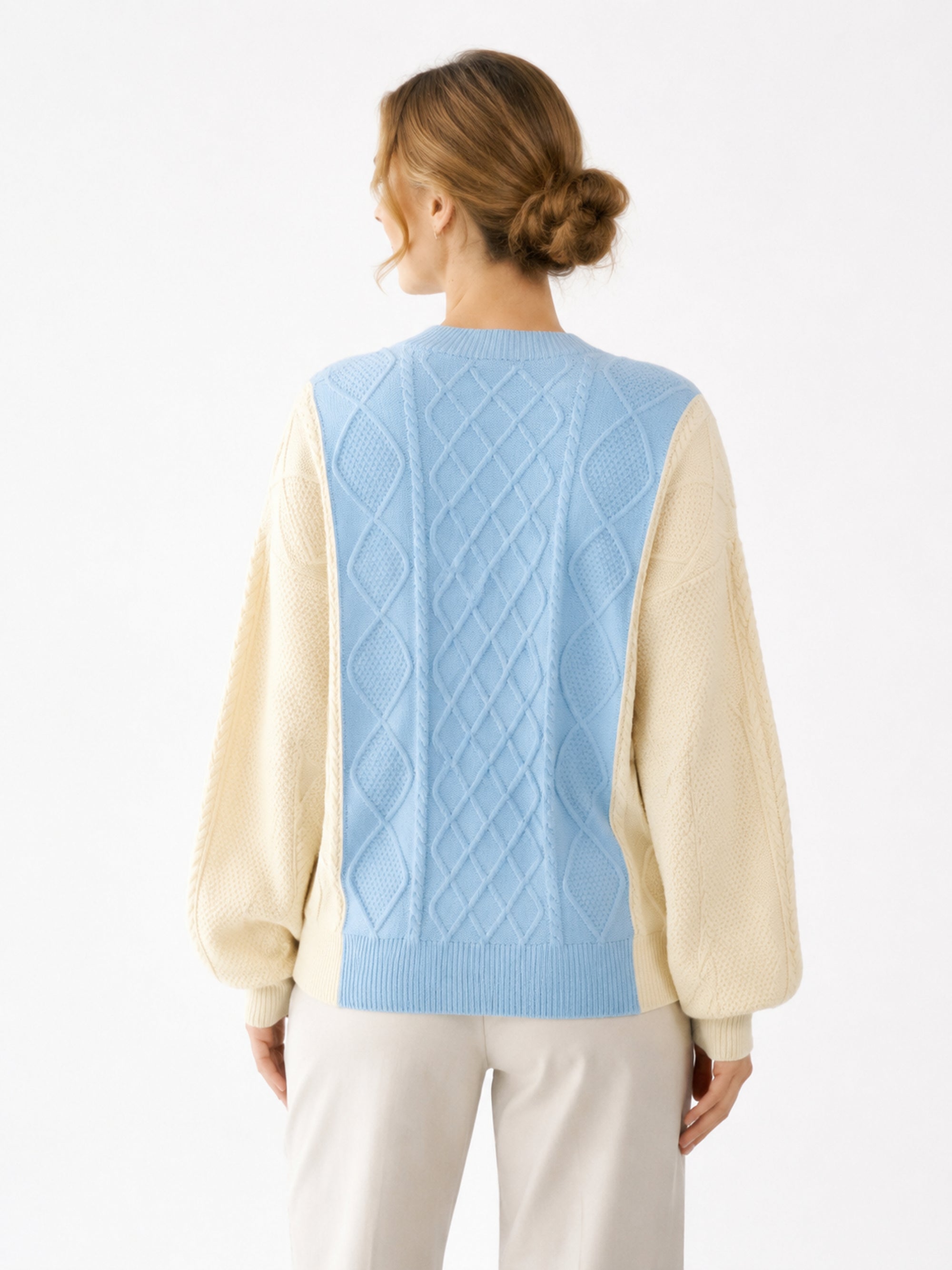 MY005 blue textured cable-knit pullover sweater back model view