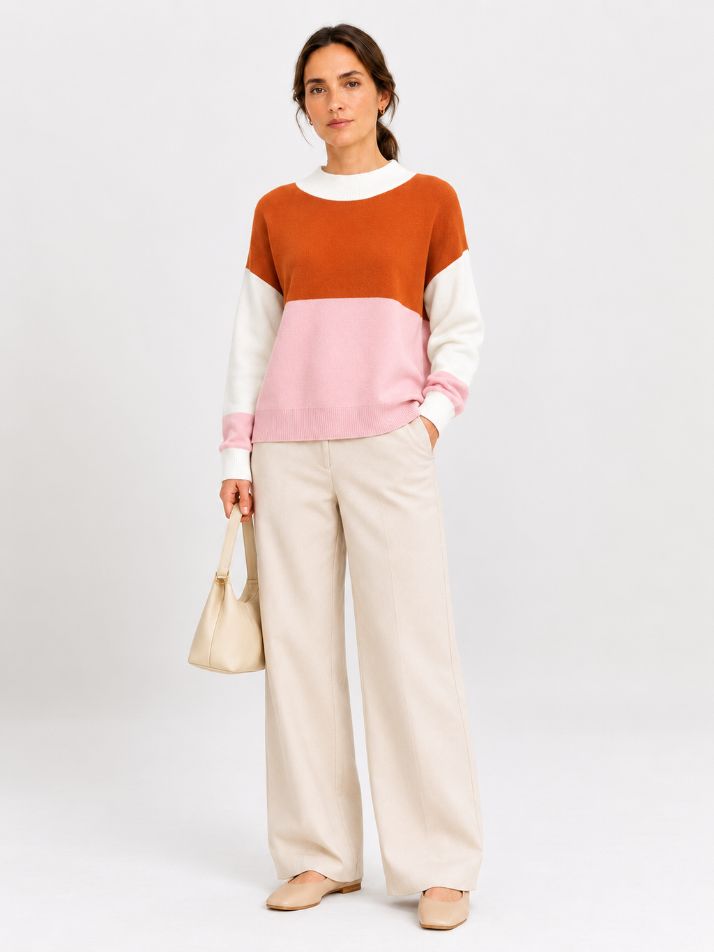 Women's Burgundy Striped Knit Pullover Sweater, Wide Neck Casual Top