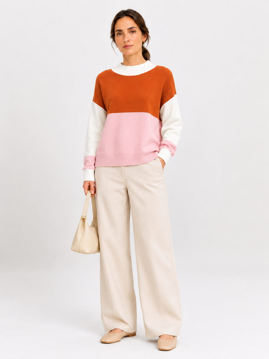 Women's Burgundy Striped Knit Pullover Sweater, Wide Neck Casual Top