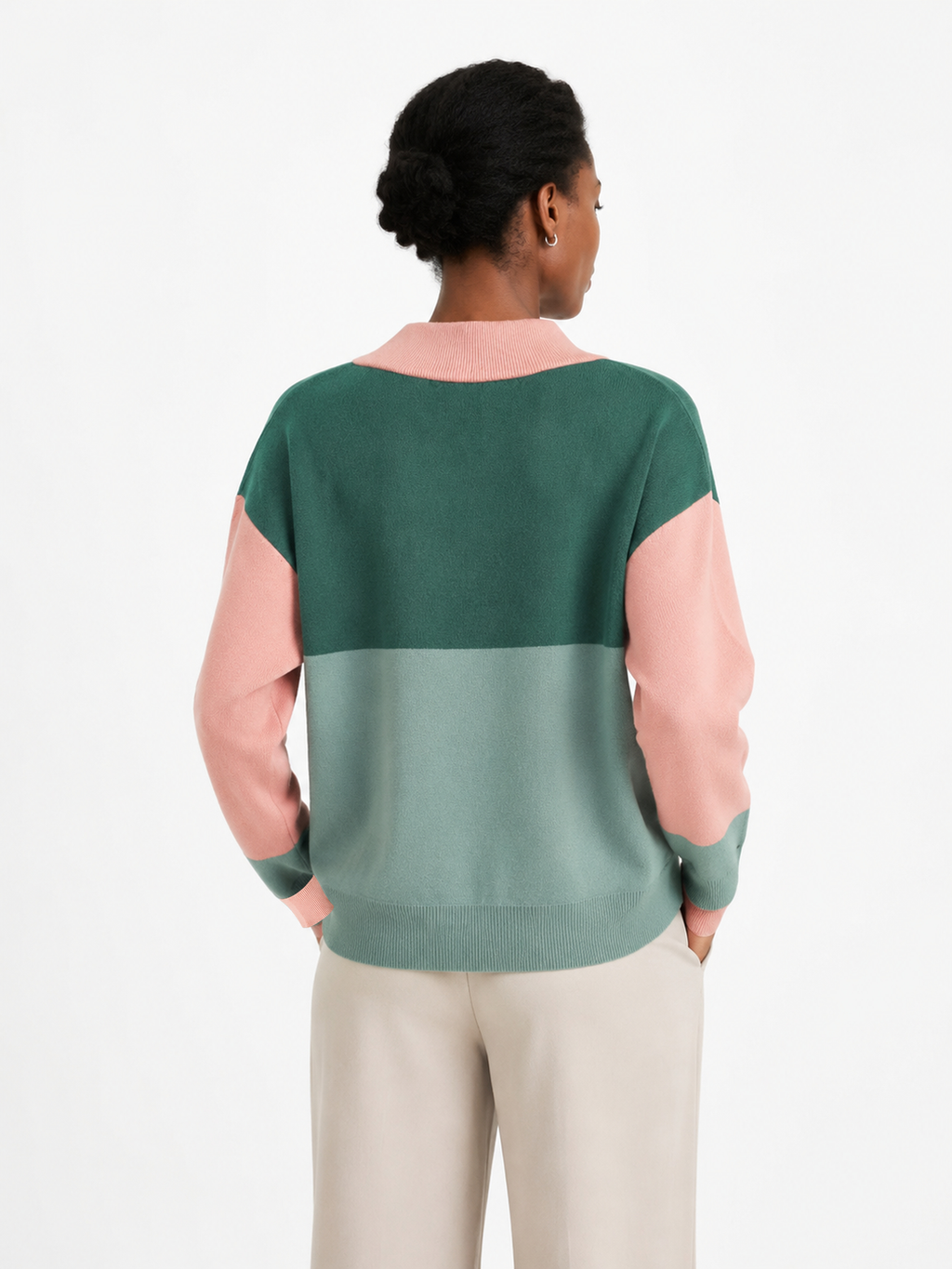 MY007 green wide-neck striped knit pullover back model view
