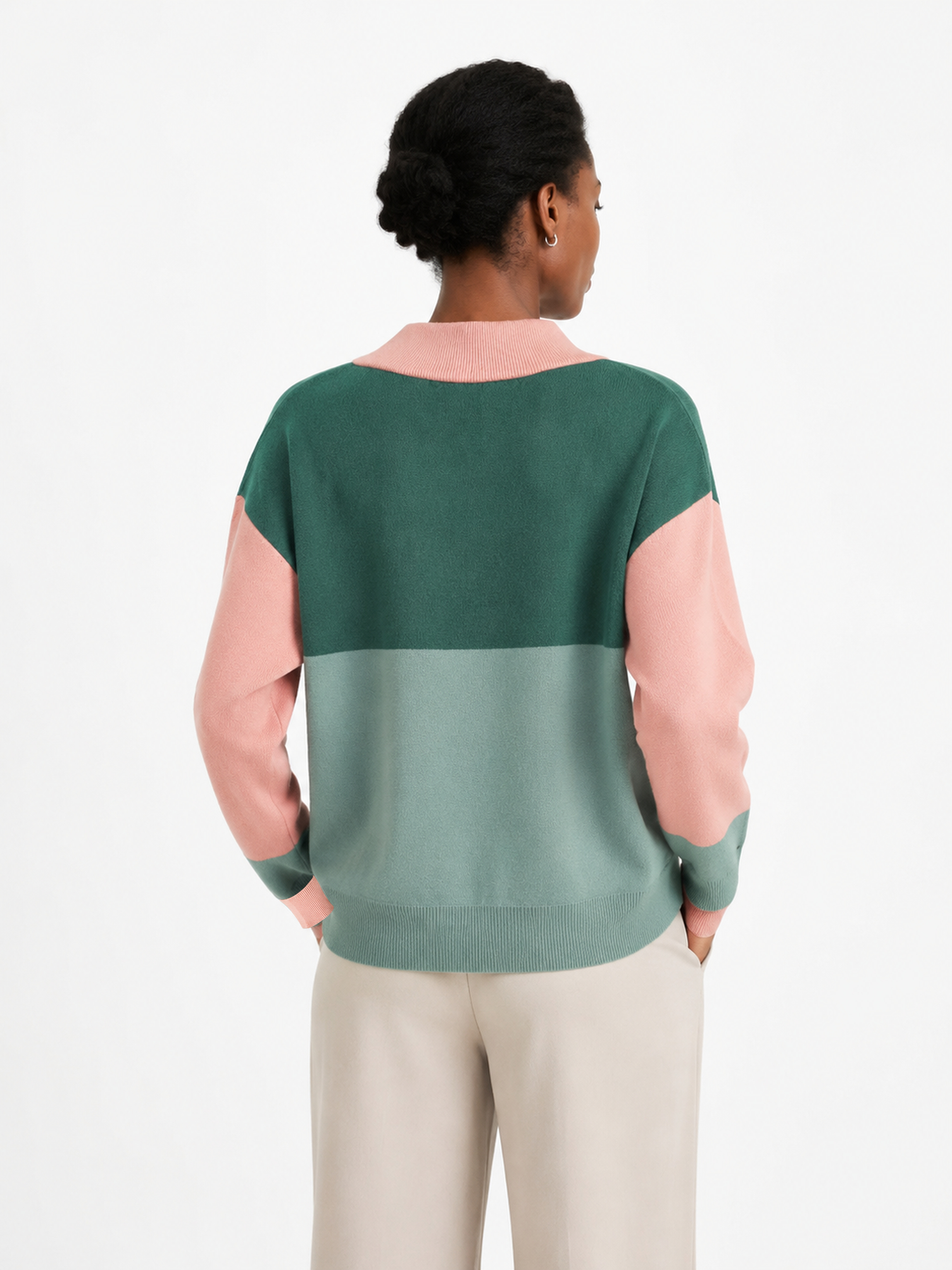 MY007 green wide-neck striped knit pullover back model view