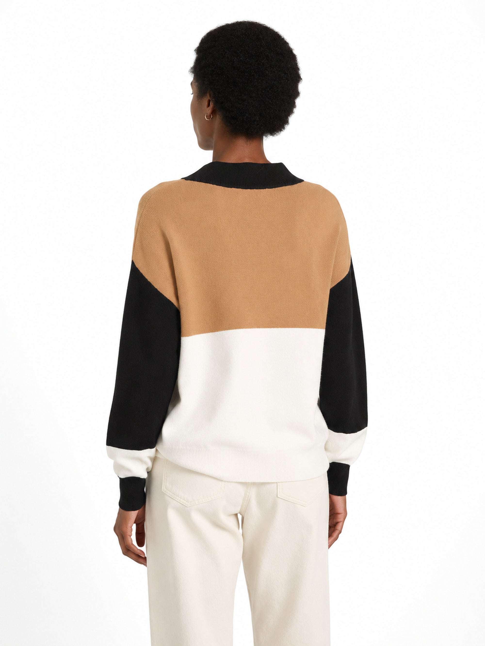 MY007 khaki wide-neck striped knit pullover back model view