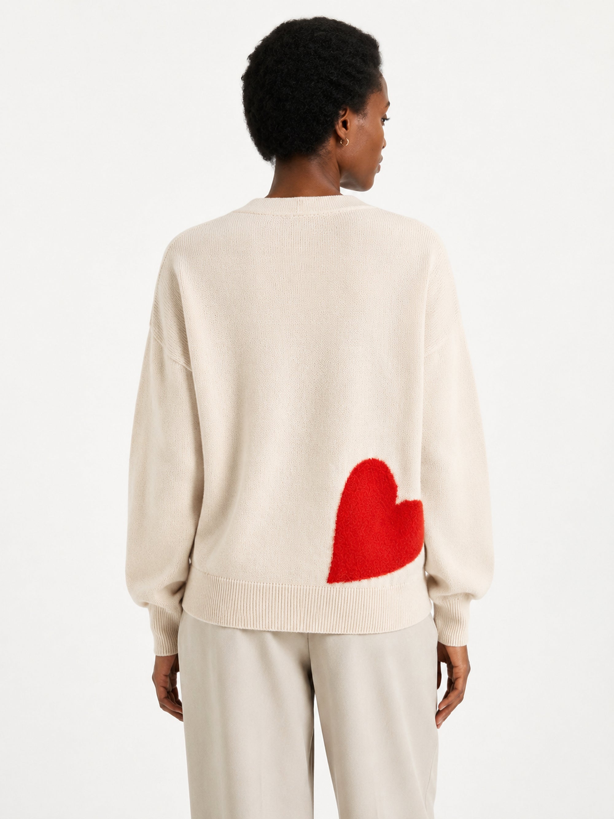 MY014 apricot oversized jacquard knit cardigan back model view