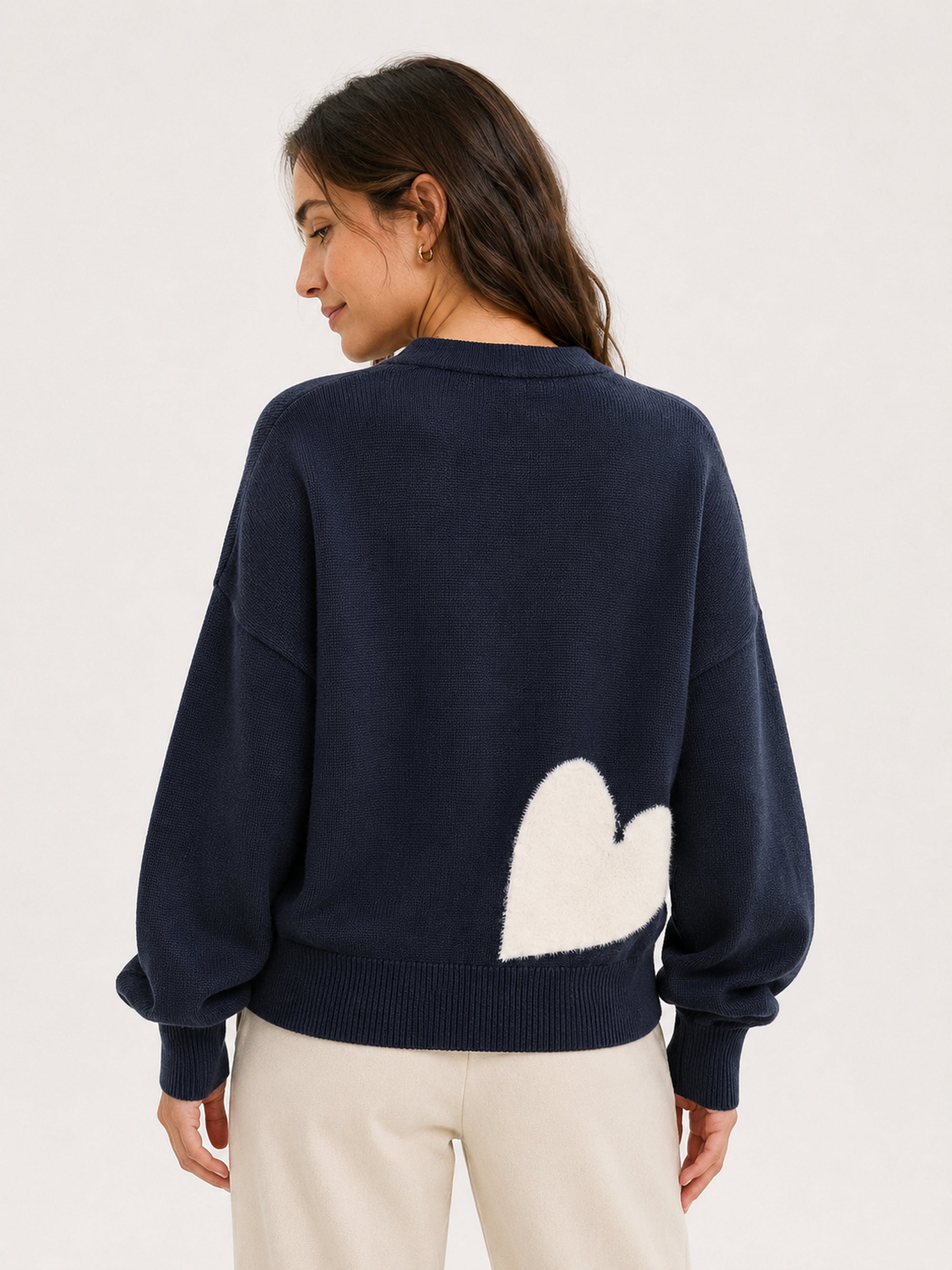 MY014 blue oversized jacquard knit cardigan back model view