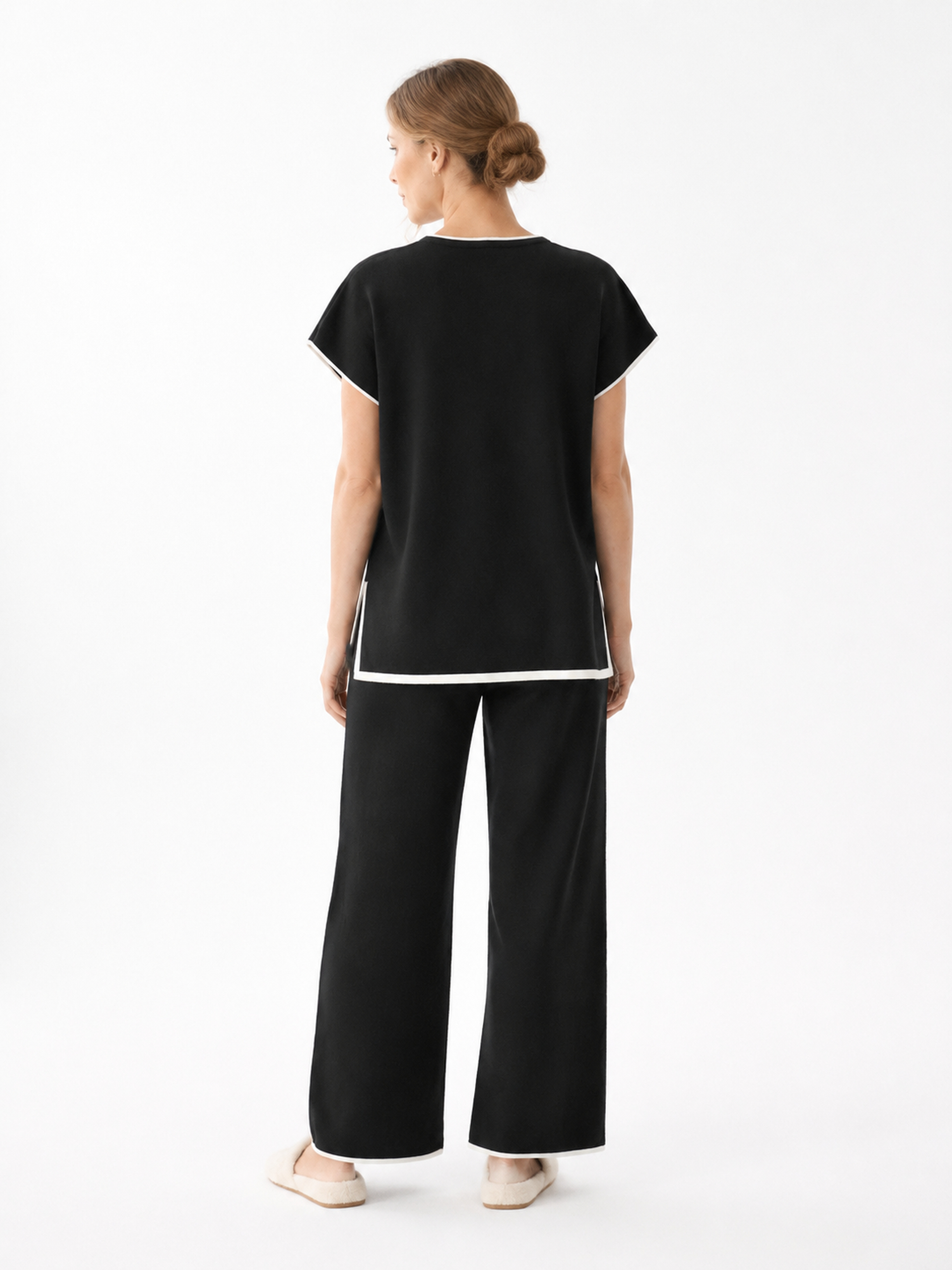 MY001 black contrast-trim sleeveless knit set back model view