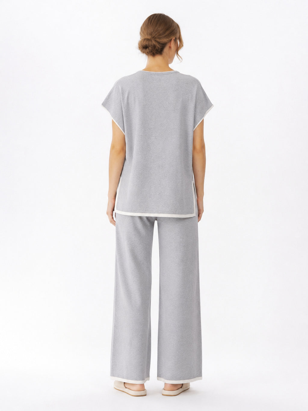 MY001 gray contrast-trim sleeveless knit set back model view