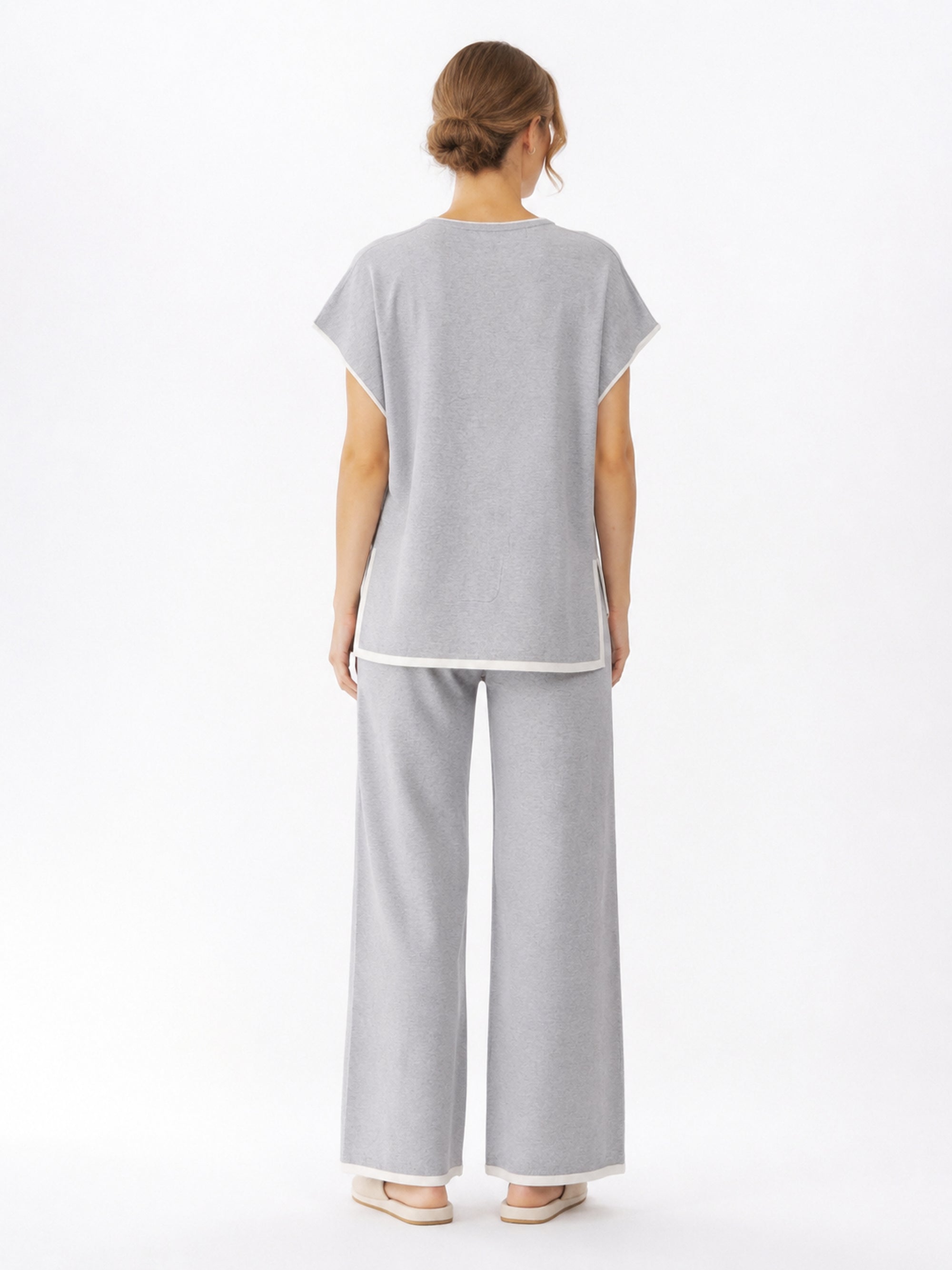 MY001 gray contrast-trim sleeveless knit set back model view