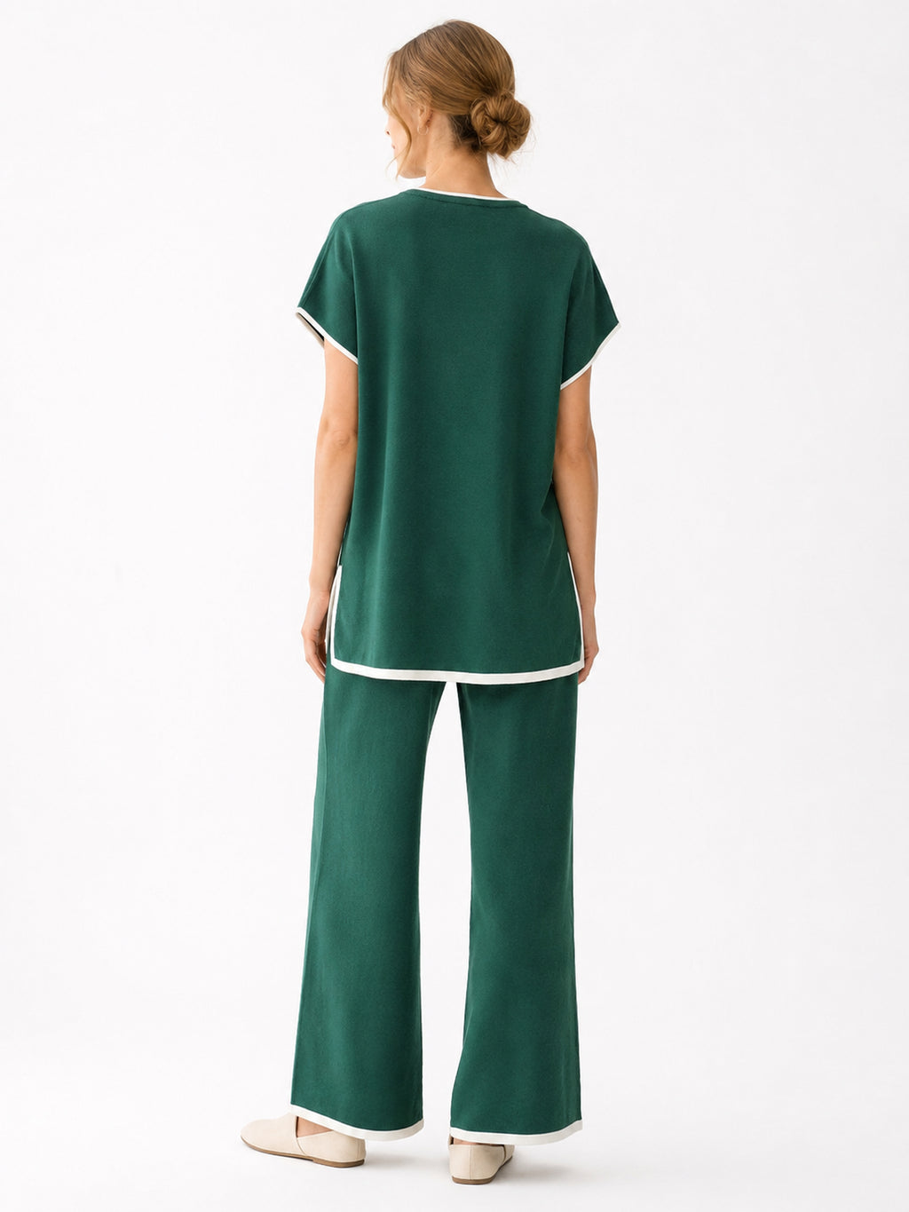MY001 green contrast-trim sleeveless knit set back model view