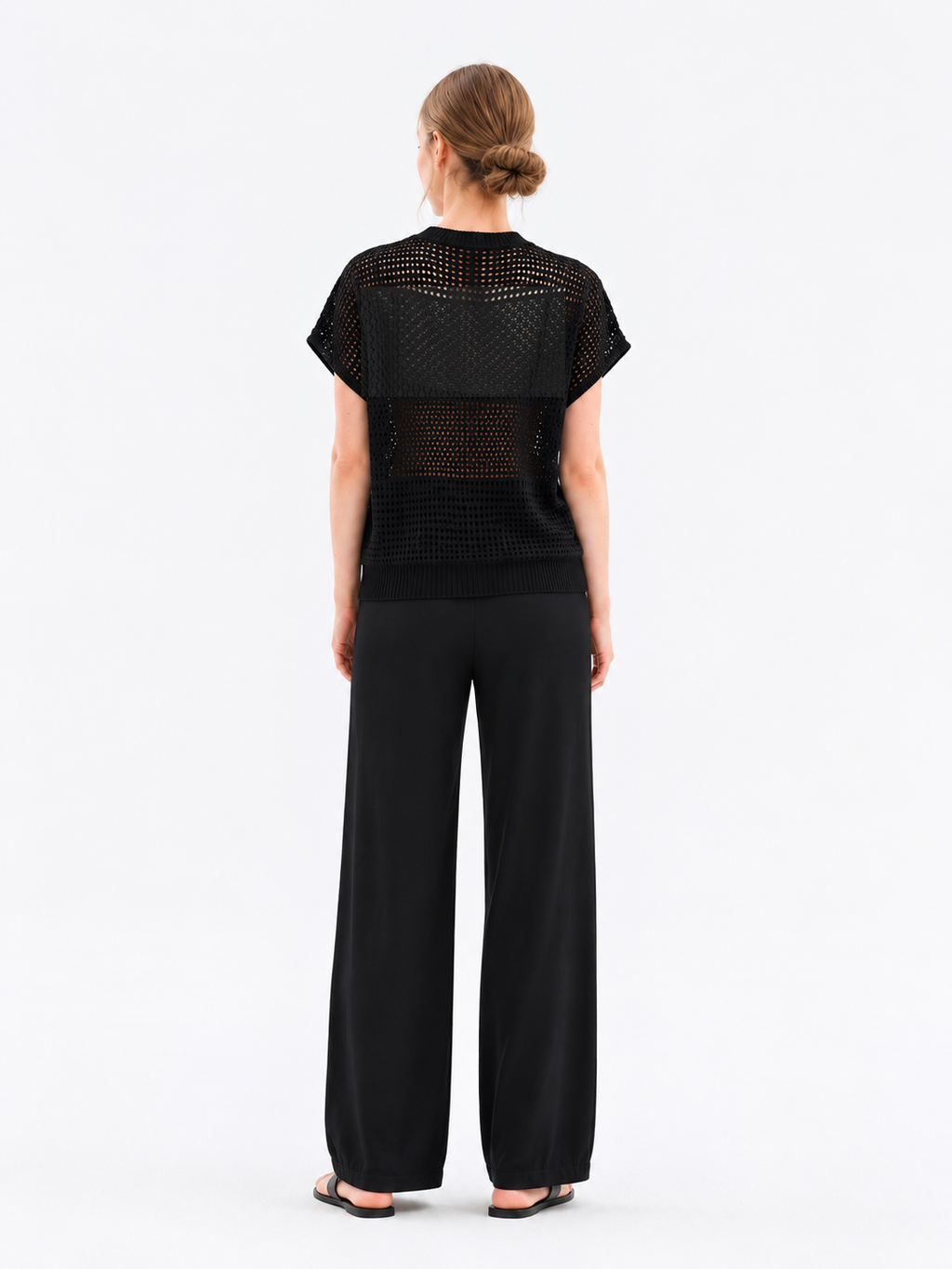MY010 black open-knit sleeveless top & pants set back model view