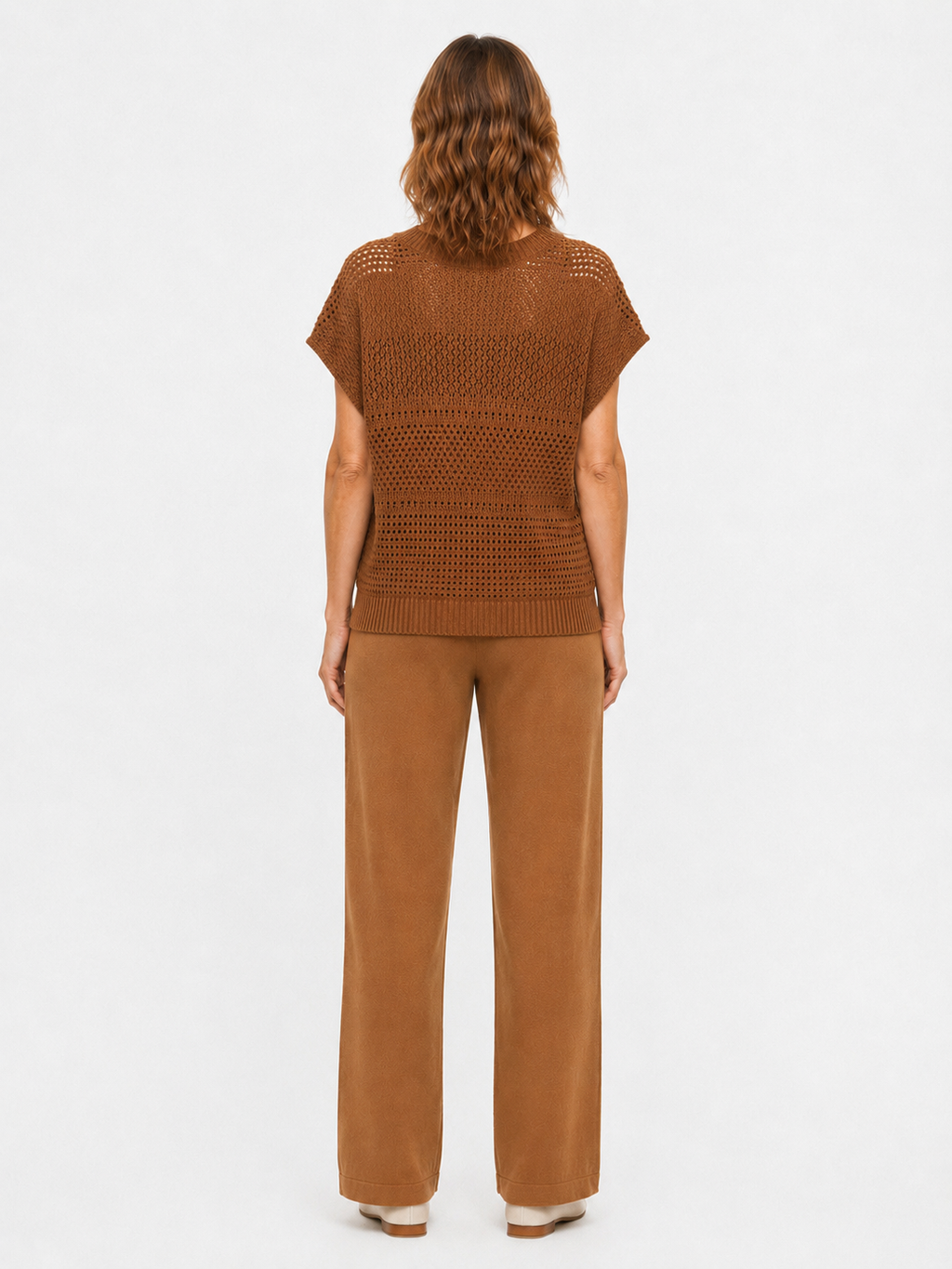MY010 brown open-knit sleeveless top & pants set back model view