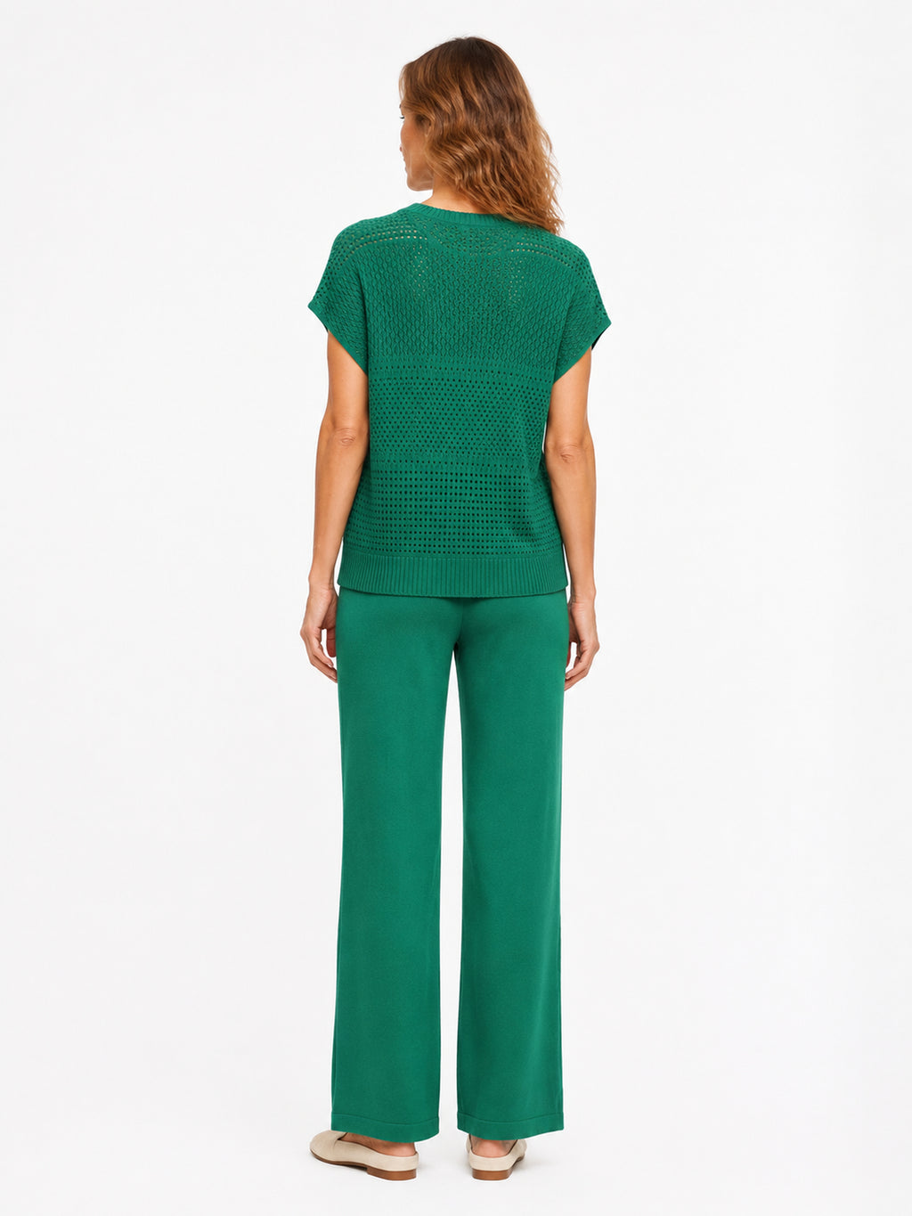 MY010 green open-knit sleeveless top & pants set back model view