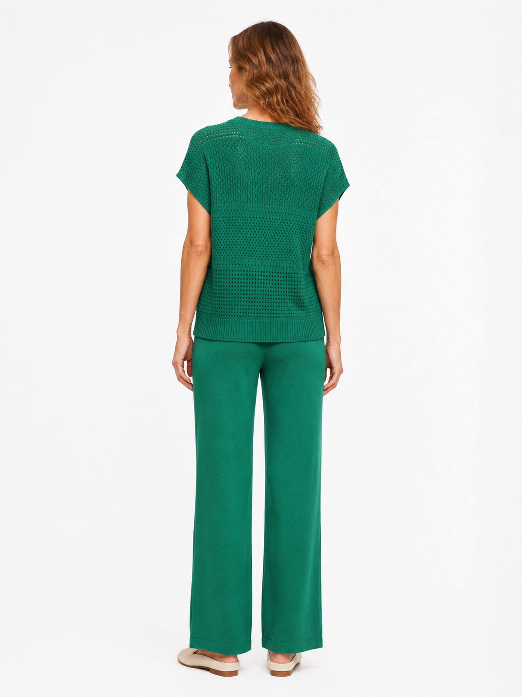 MY010 green open-knit sleeveless top & pants set back model view