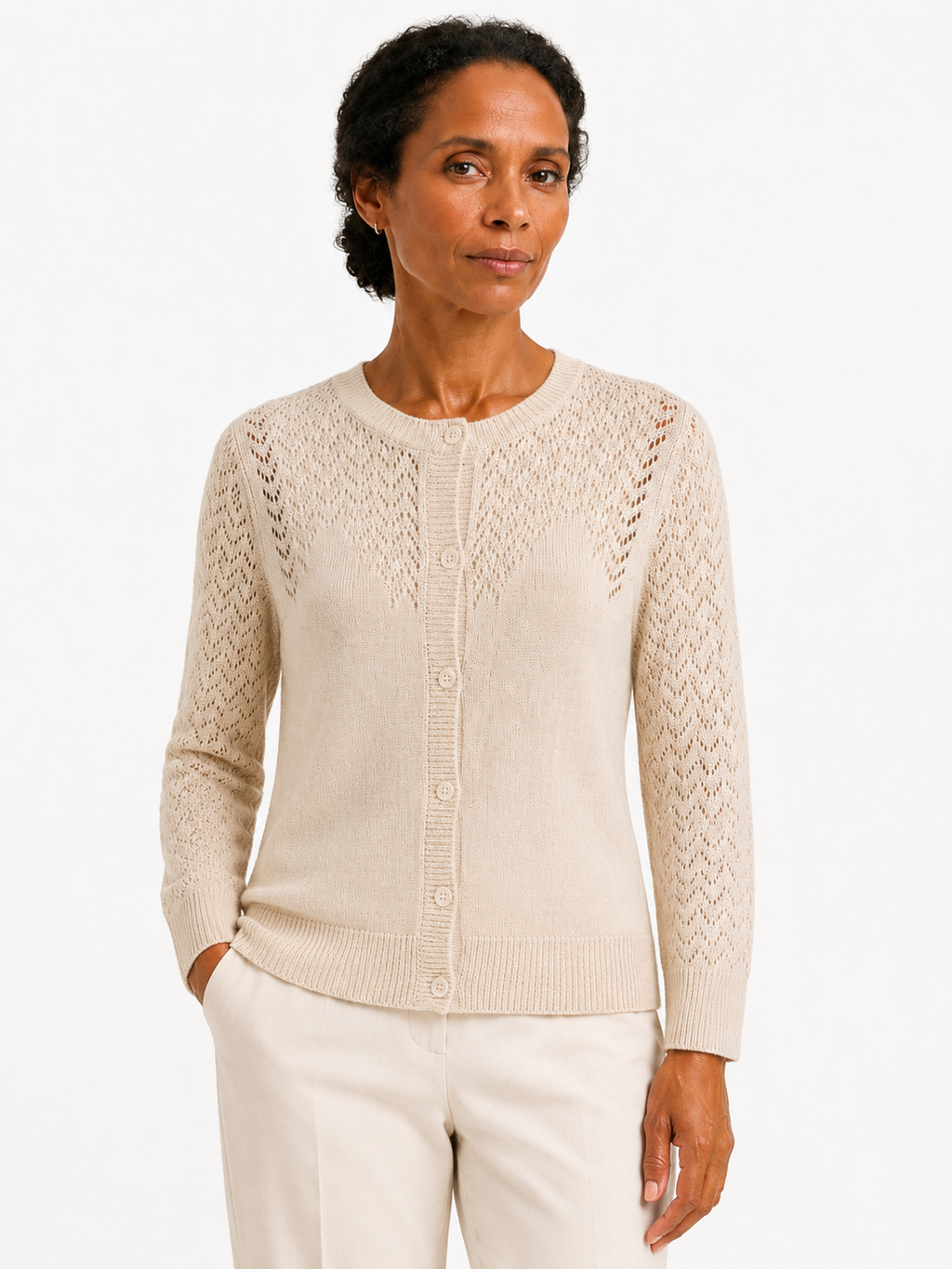 Women's Apricot Openwork Knit Cardigan, Round Neck Button Front Sweater