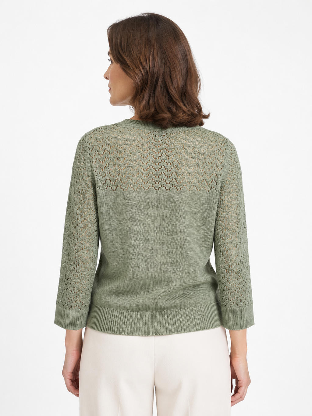 MY023 green openwork round-neck three-quarter sleeve cardigan back model view