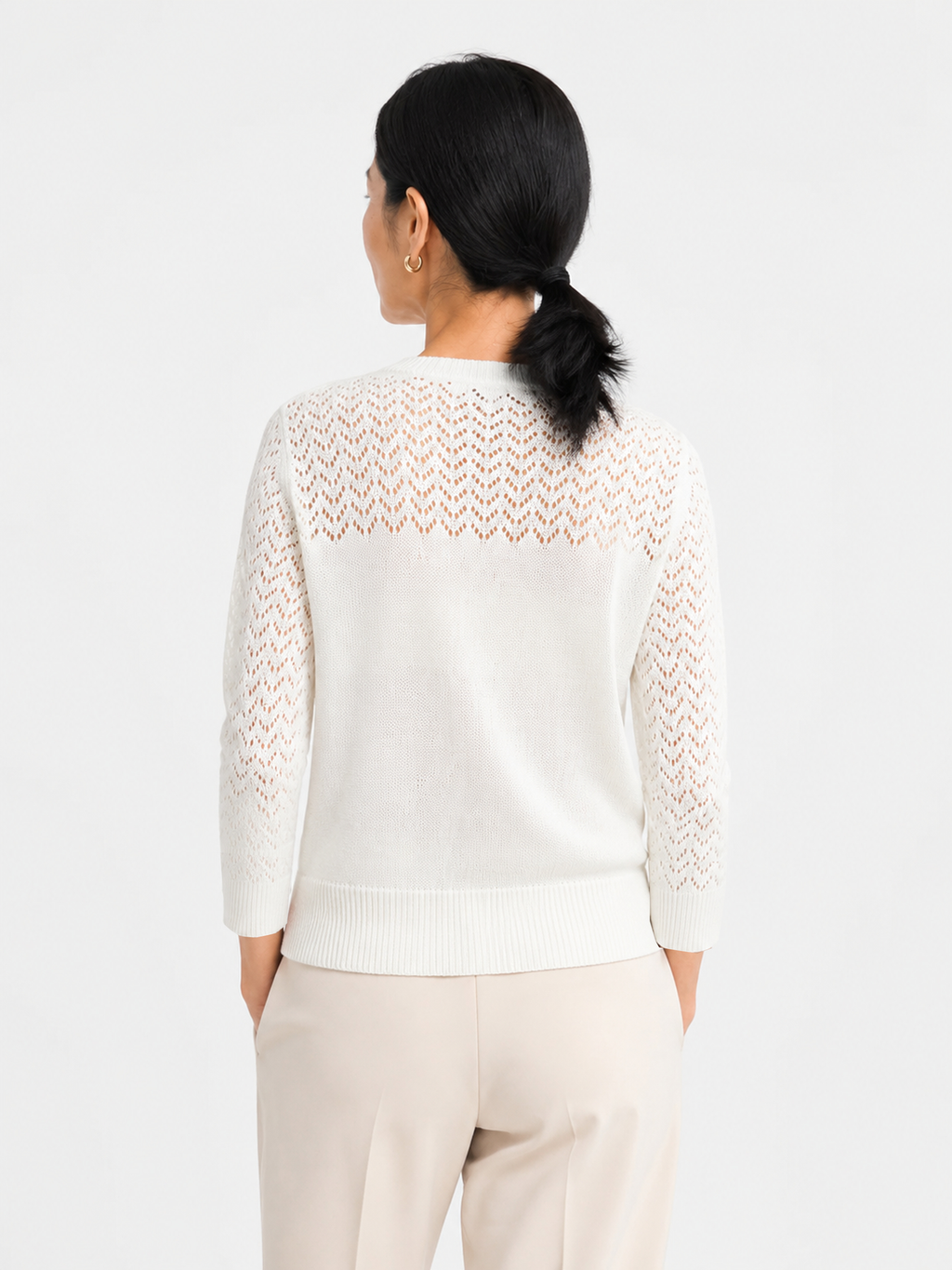 MY023 white openwork round-neck three-quarter sleeve cardigan back model view