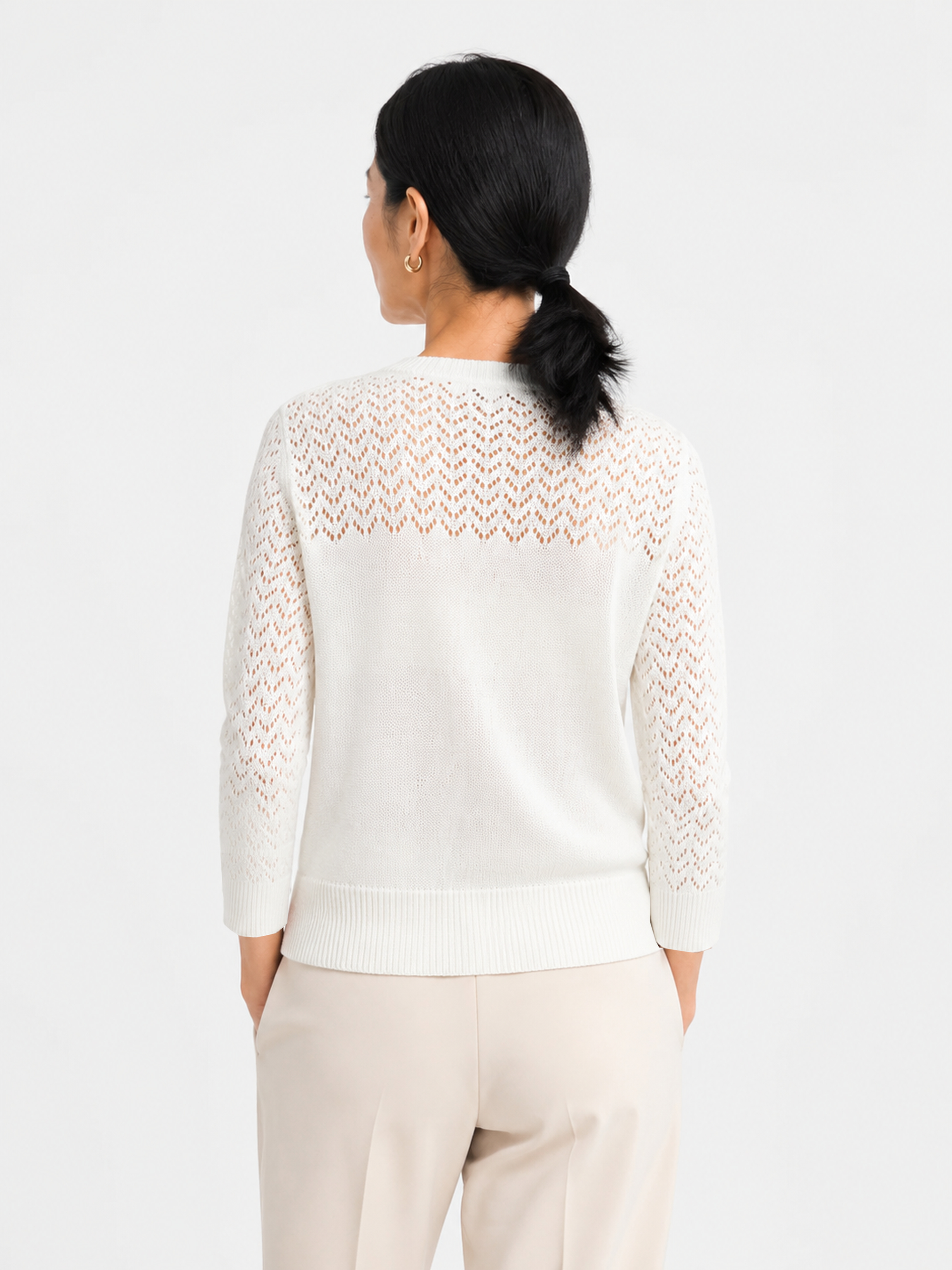 MY023 white openwork round-neck three-quarter sleeve cardigan back model view