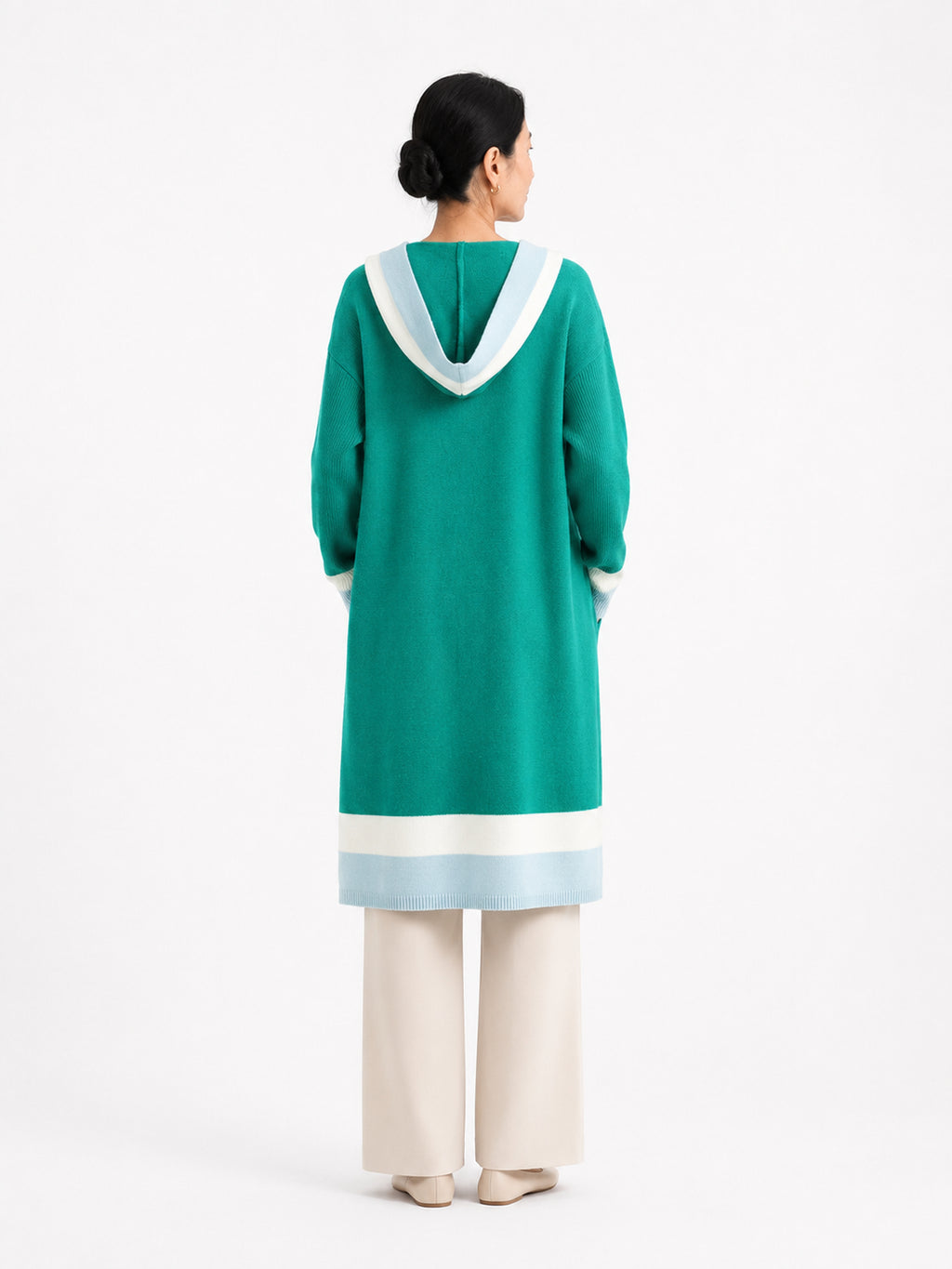 MY004 green hooded long knit cape cardigan back model view