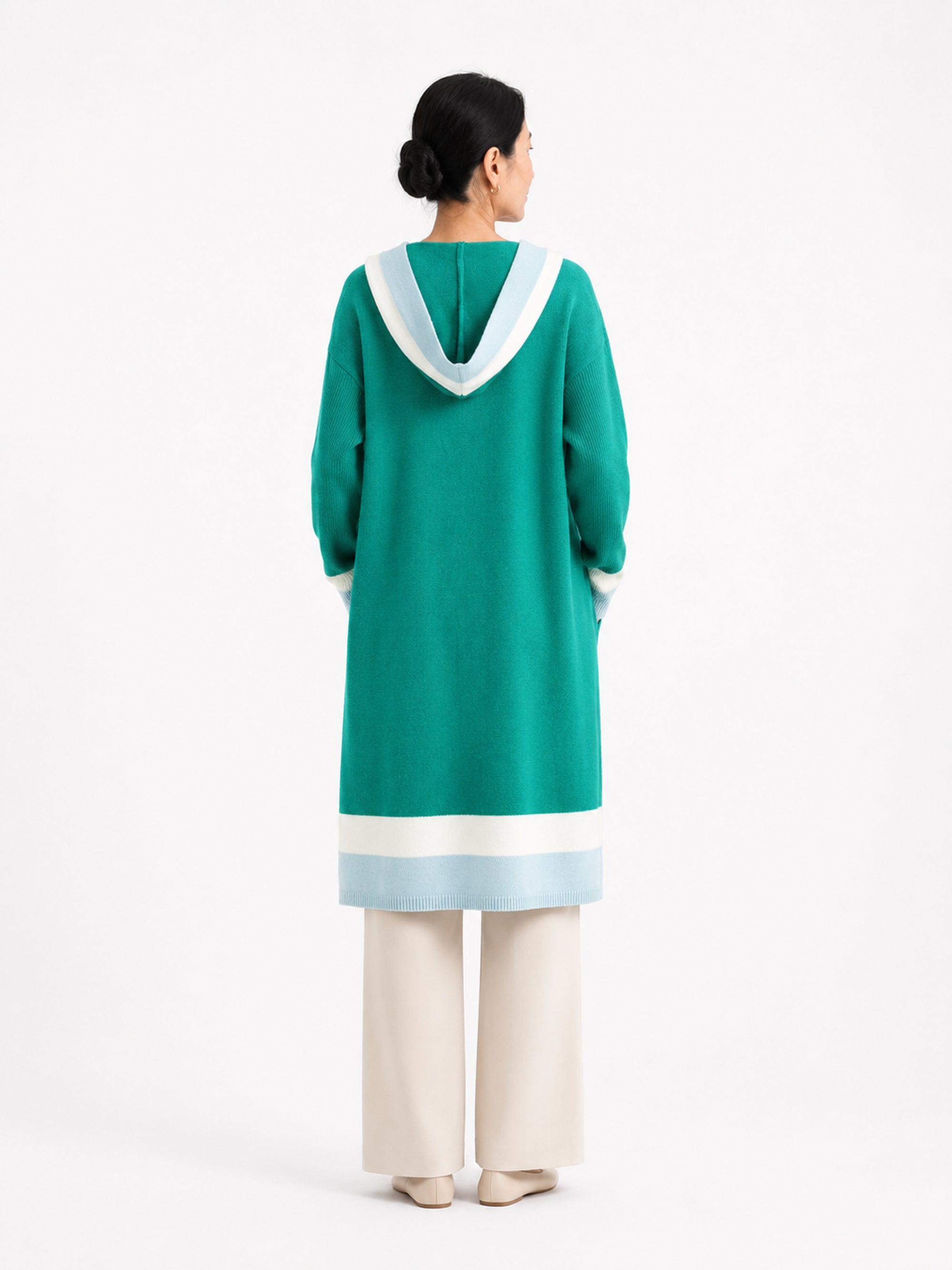 MY004 green hooded long knit cape cardigan back model view