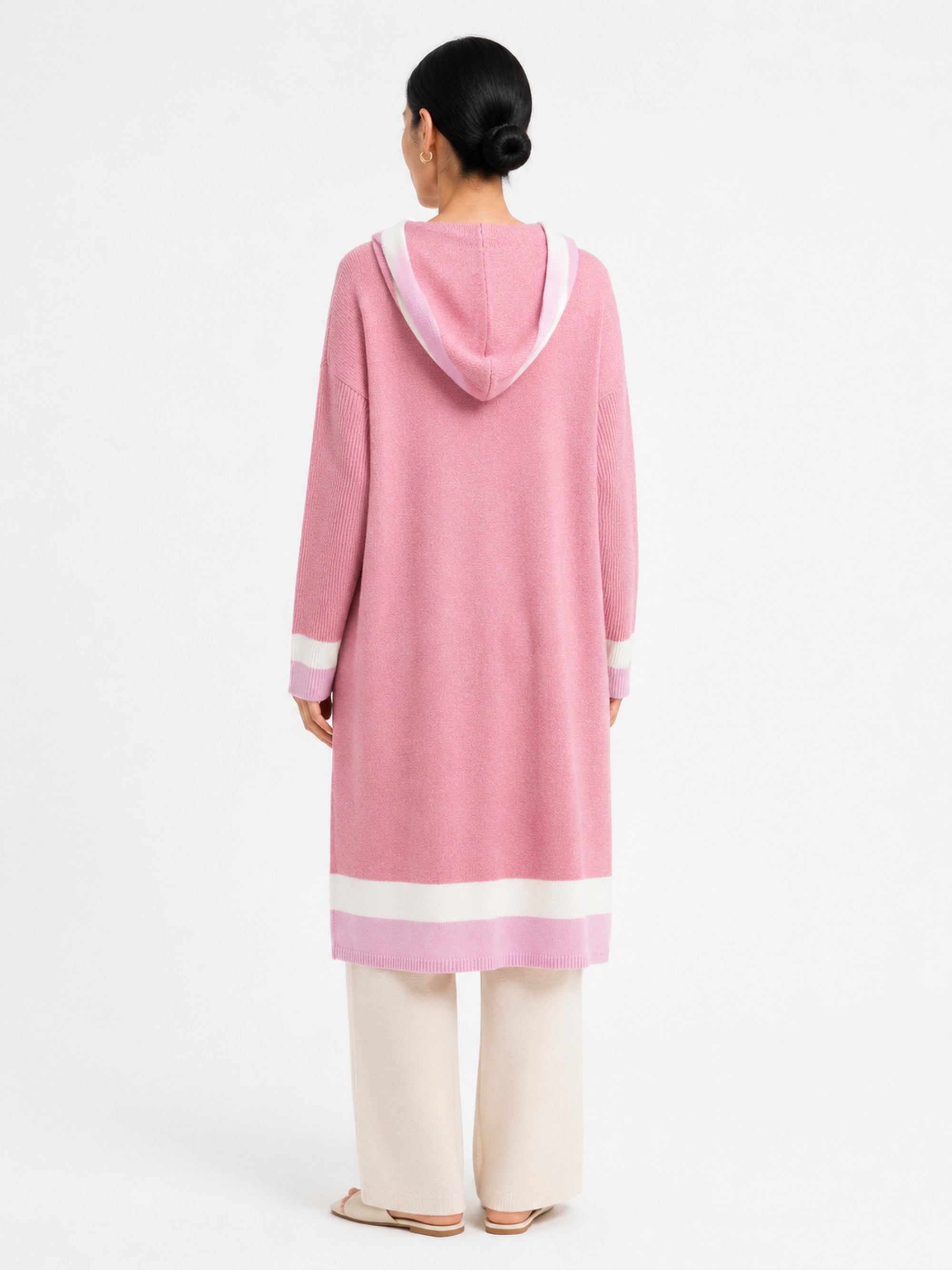 MY004 soft pink hooded long knit cape cardigan back model view