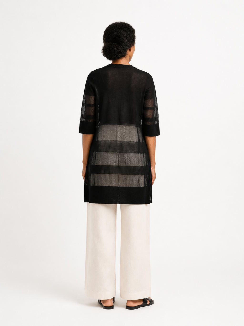 MY022 black long openwork v-neck cardigan back model view