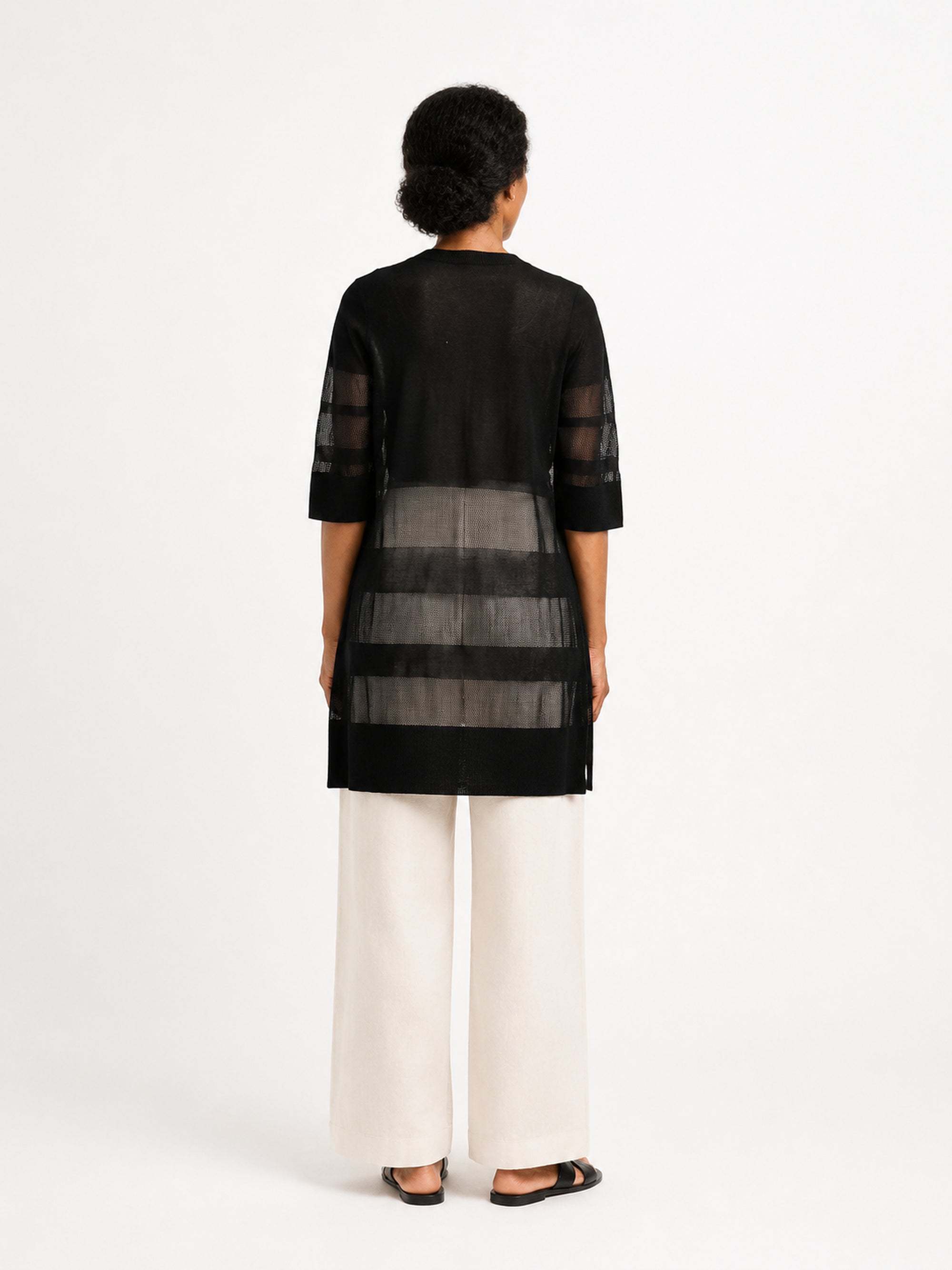 MY022 black long openwork v-neck cardigan back model view