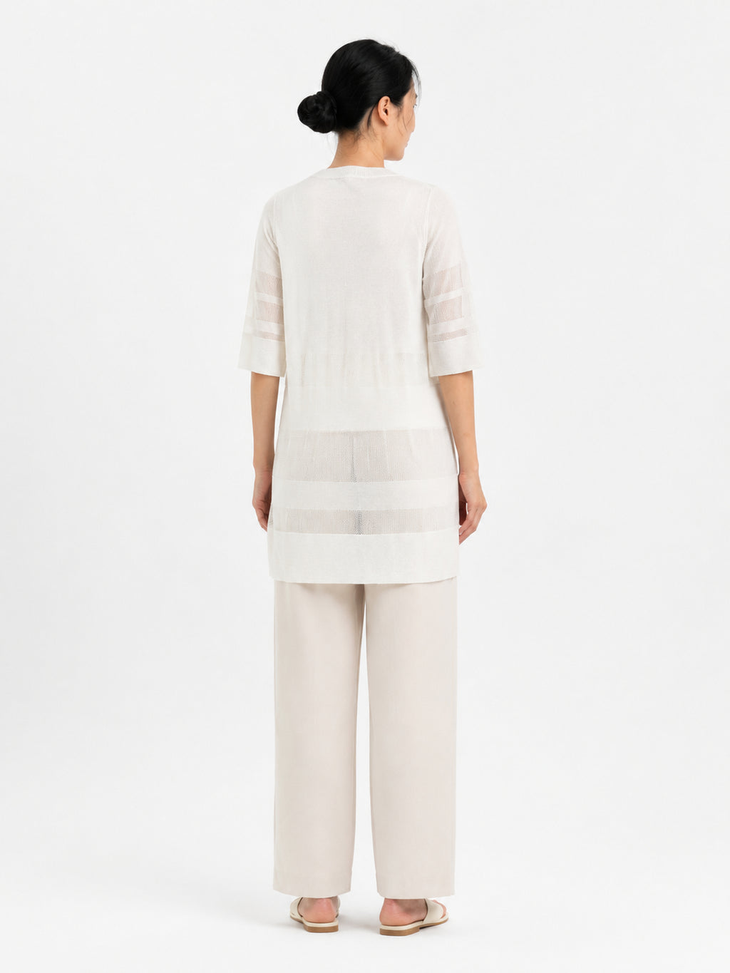 MY022 white long openwork v-neck cardigan back model view