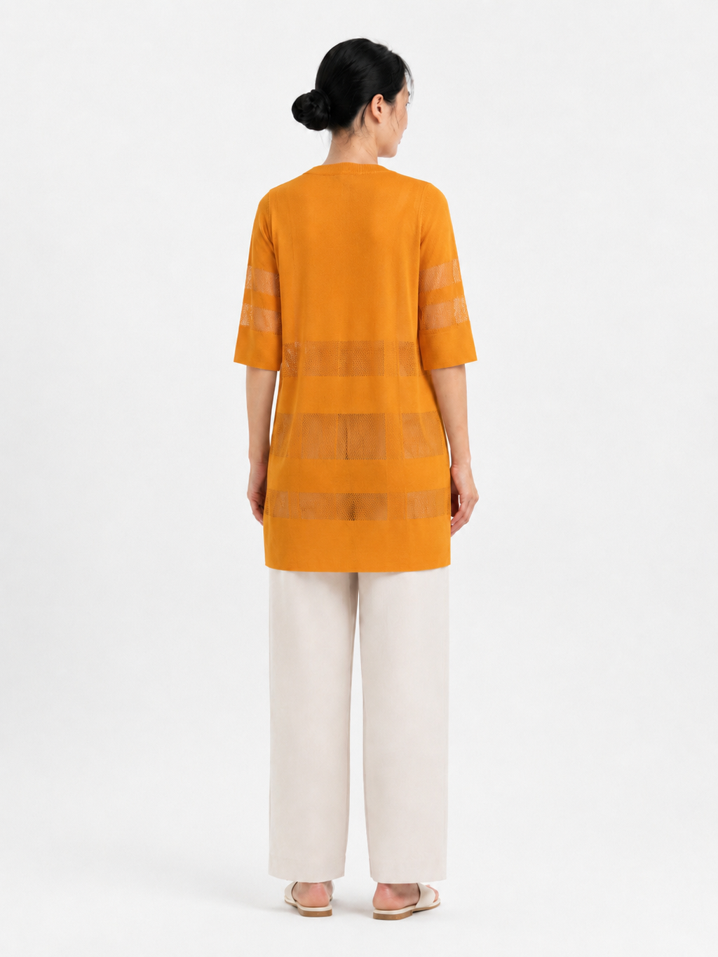 MY022 yellow long openwork v-neck cardigan back model view